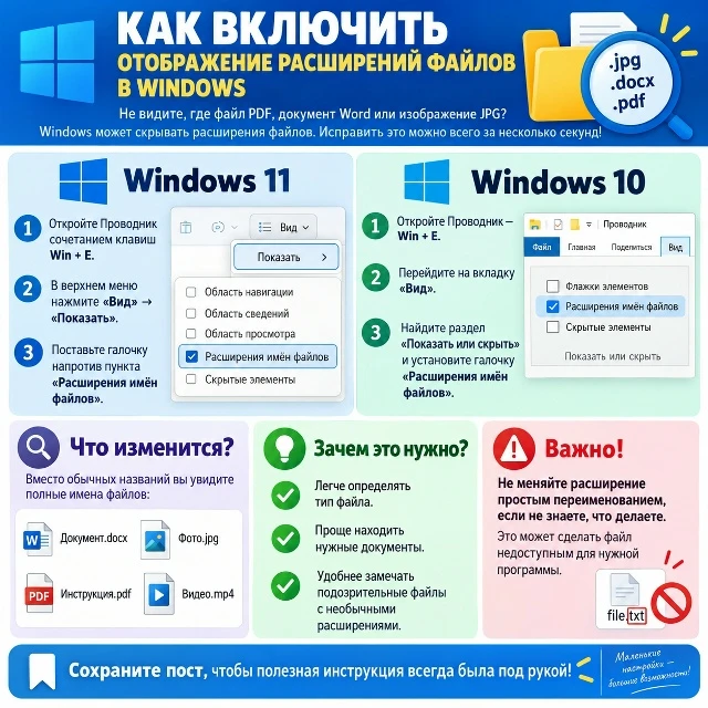 📂 Как включить отображение расширений файлов в Windows
