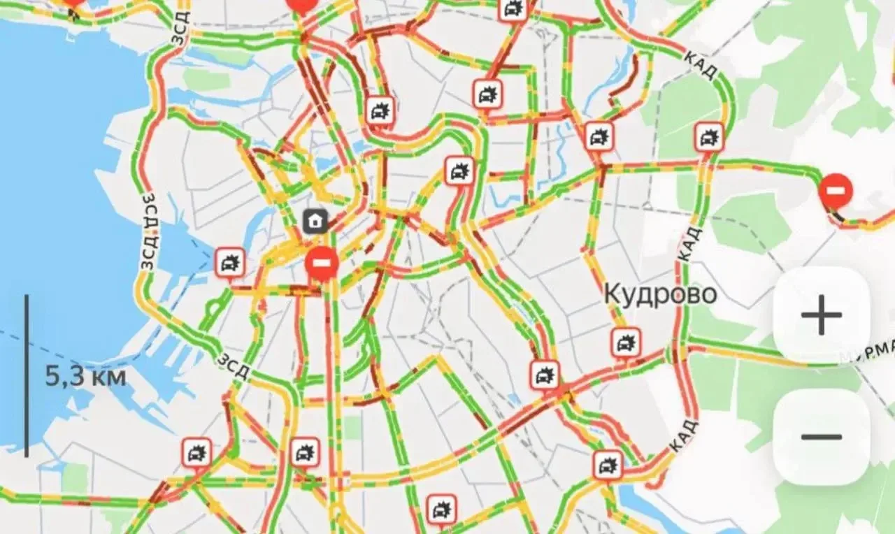 ⚠️ Петербург встал в 9-балльных пробках из-за сильного дождя, дорожных работ и множеств...