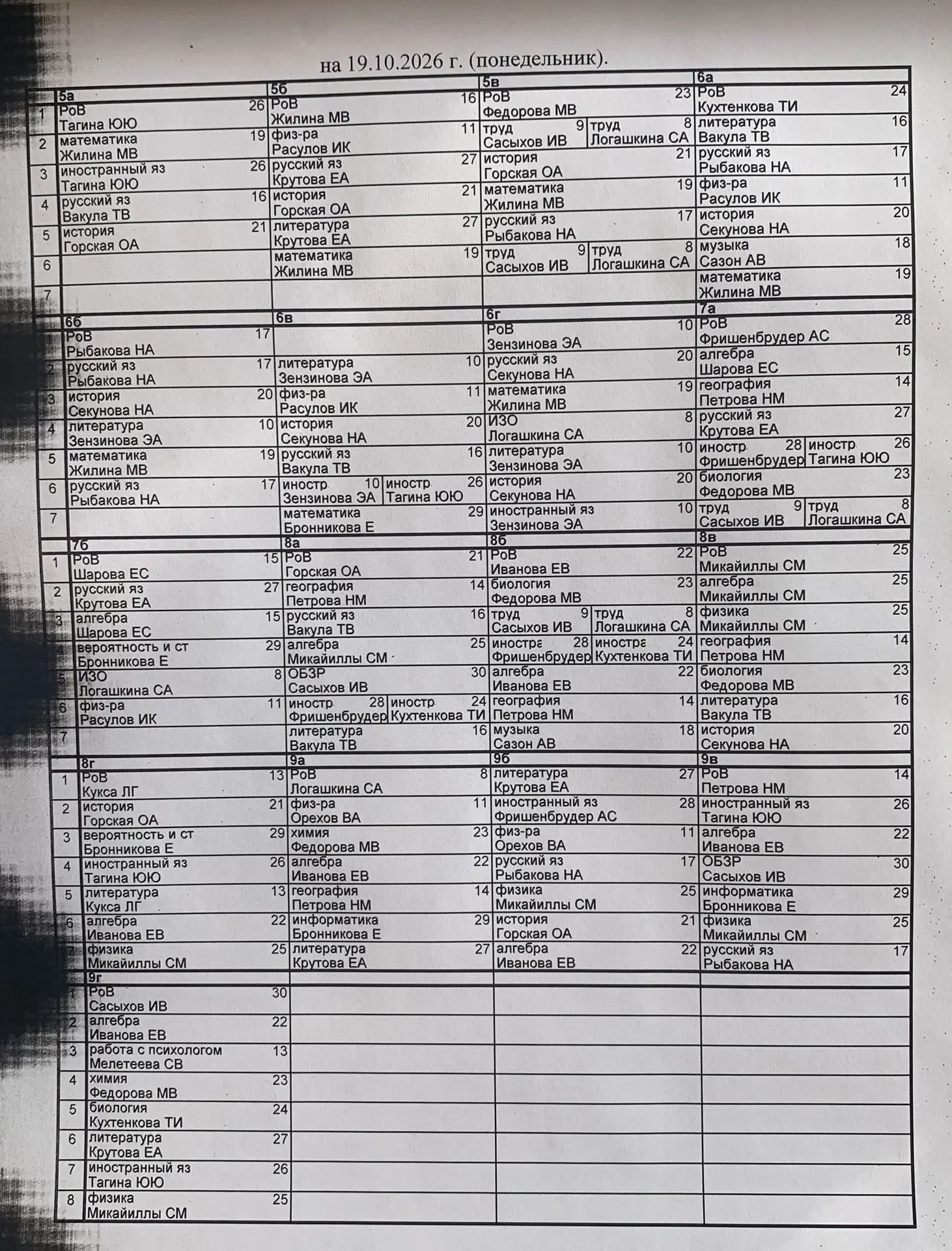 Расписание на понедельник, 19.10.26