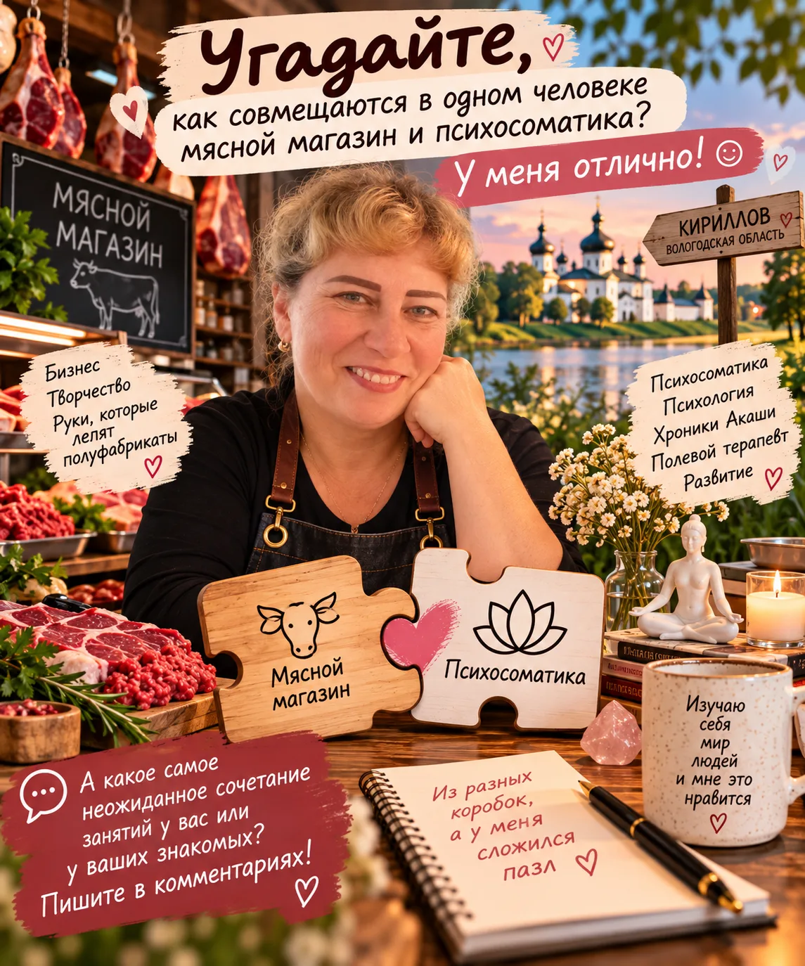 Угадайте, как совмещаются в одном человеке мясной магазин и психосоматика?