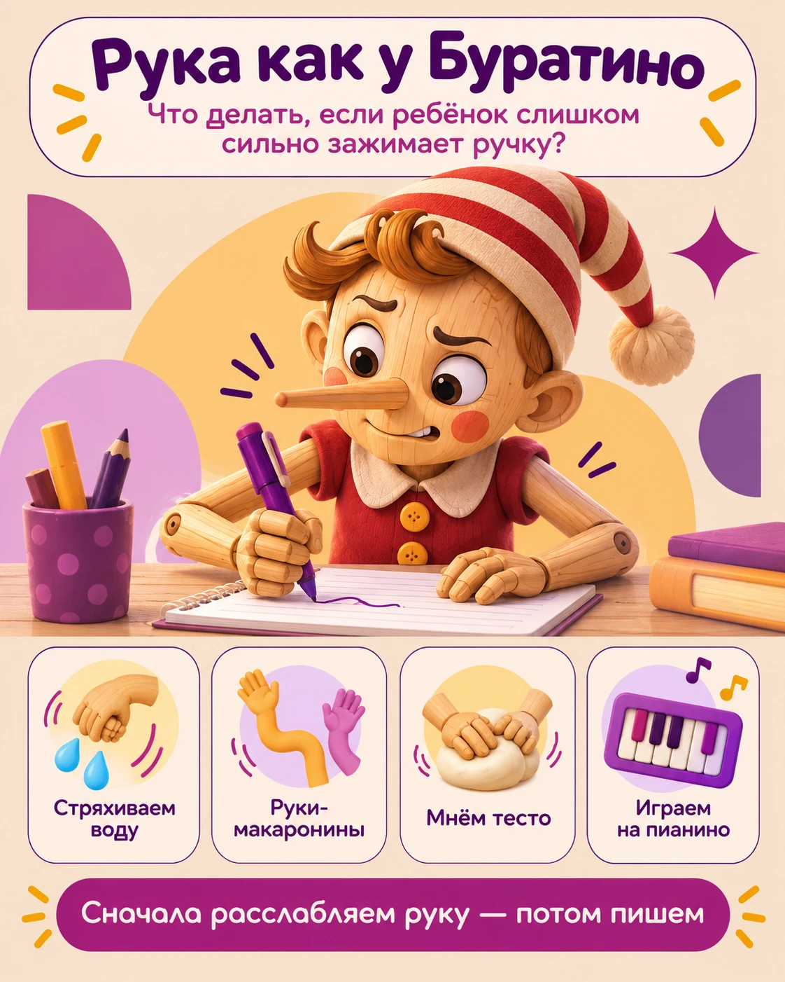 Рука как у Буратино. Что делать, если ребёнок слишком сильно зажимает ручку?