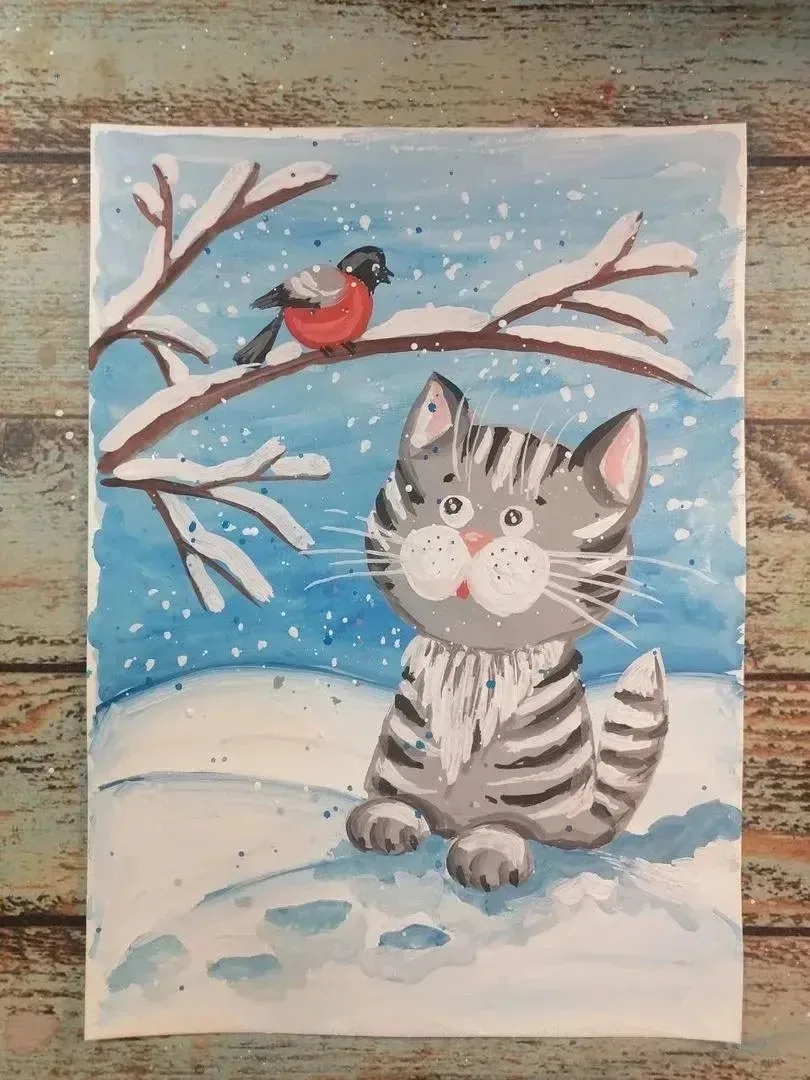 Рисуем зимнего котика со снегирём.