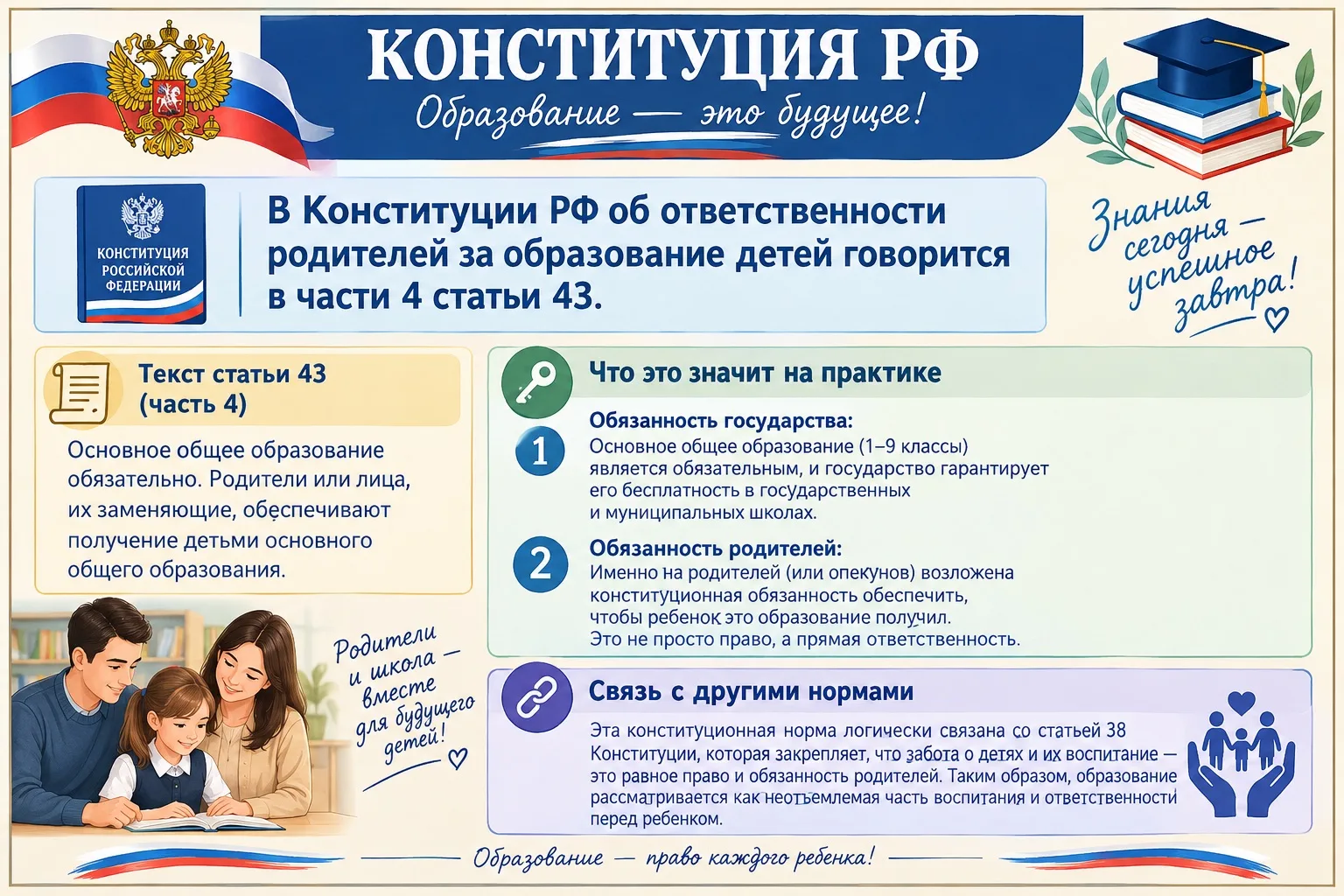 В Конституции РФ об ответственности родителей за образование детей говорится в части 4 ...