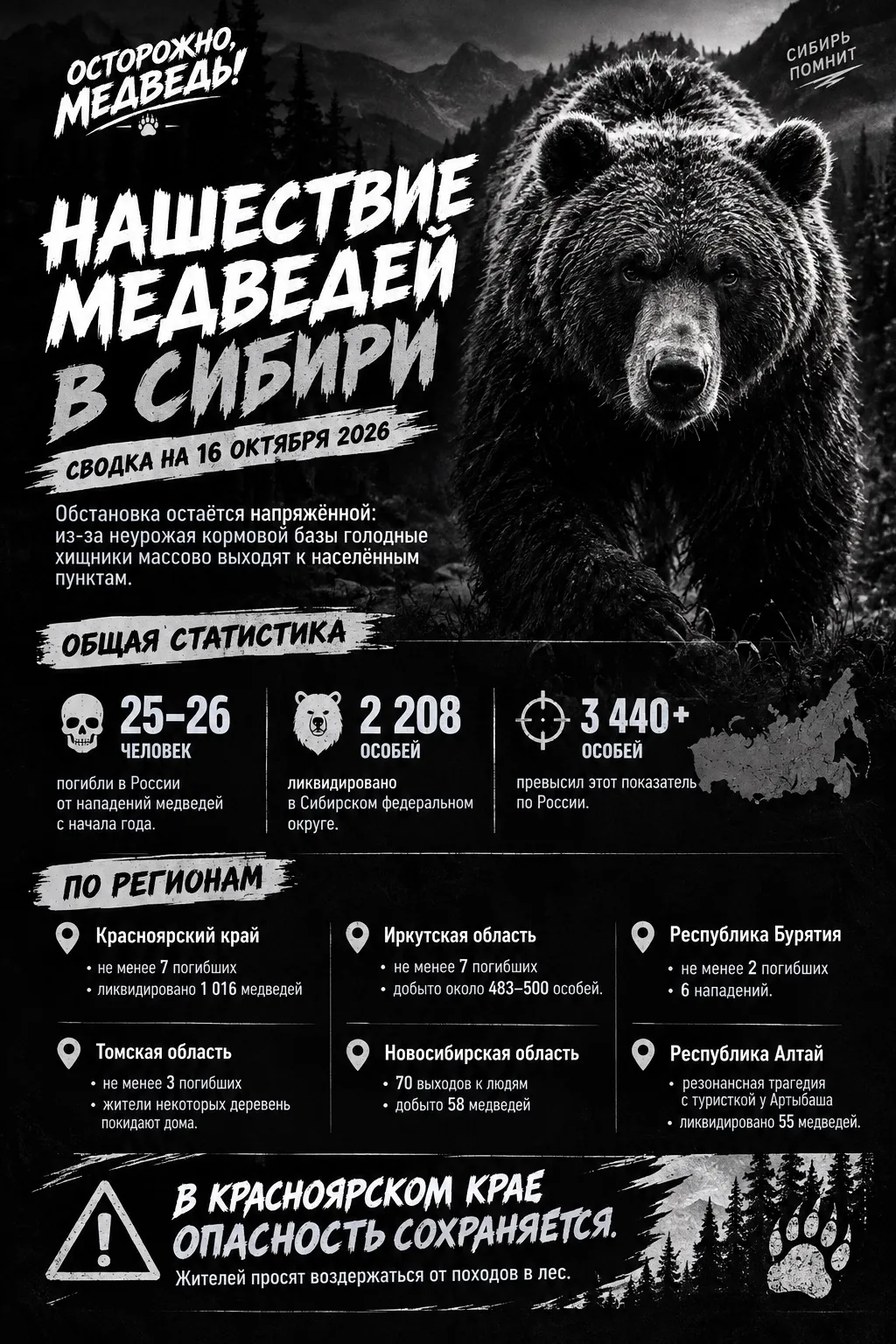🐻 Нашествие медведей в Сибири: сводка на 16 октября 2026