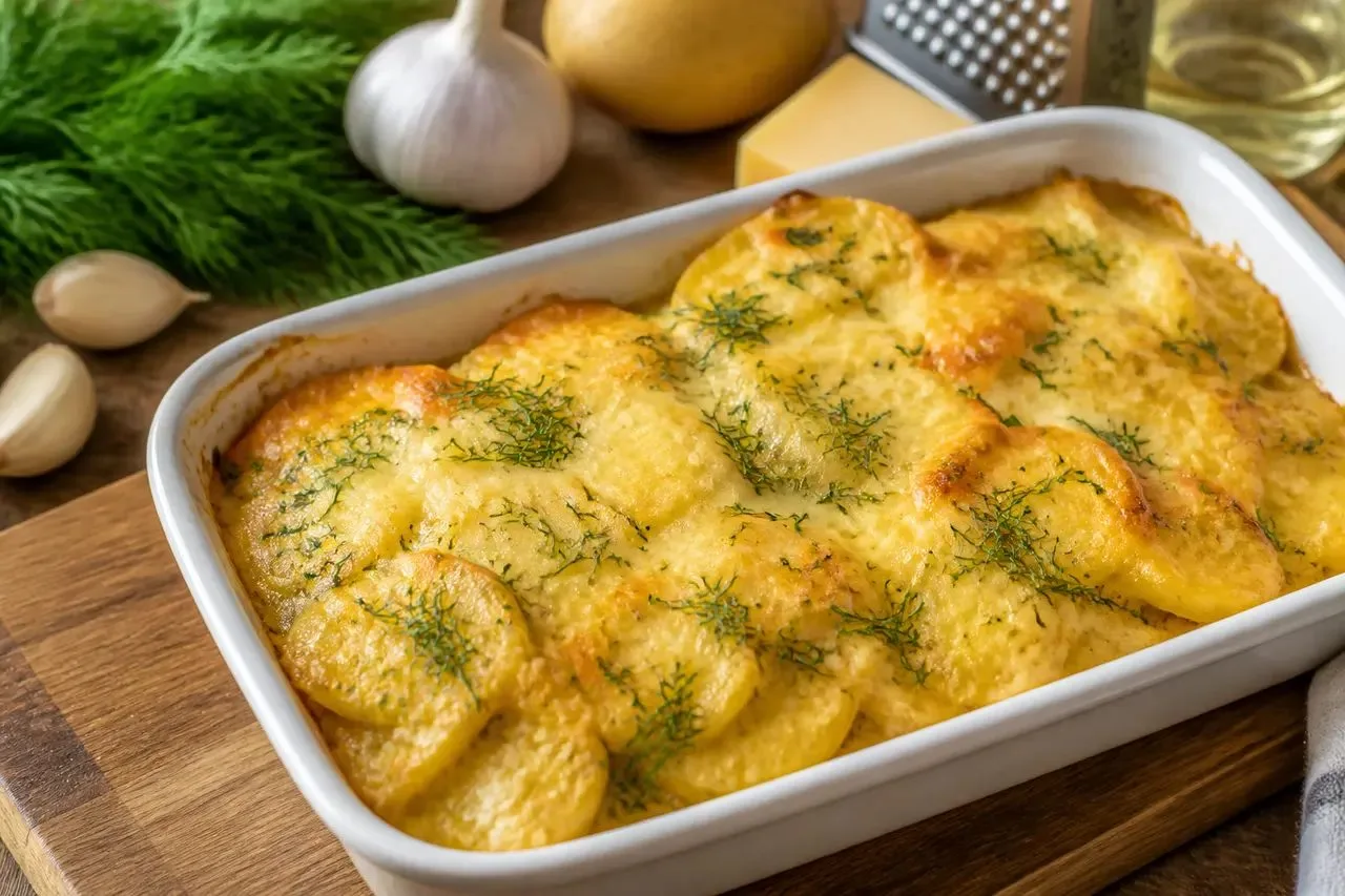 Запечённый картофель под сырной шапкой с чесноком и укропом — простой рецепт без жарки....