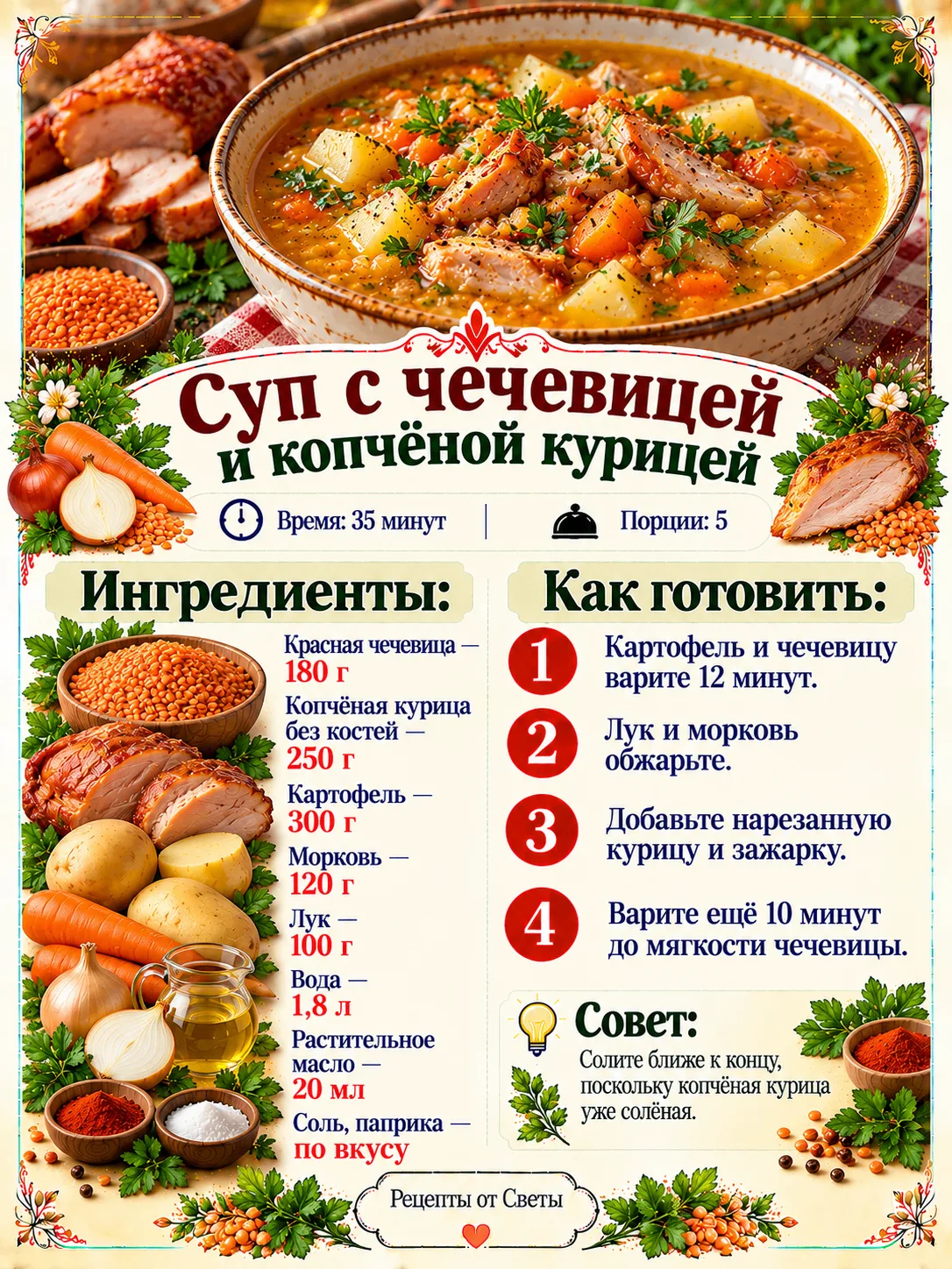 🥣 Густой суп с чечевицей и копчёной курицей, аромат которого заманит на кухню даже тех...