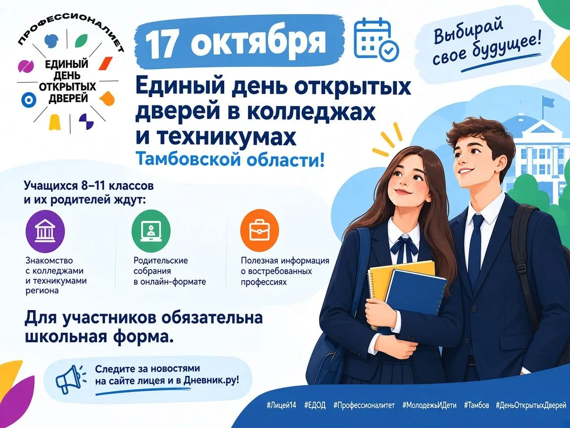 📢 17 октября — Единый день открытых дверей в колледжах и техникумах Тамбовской области!