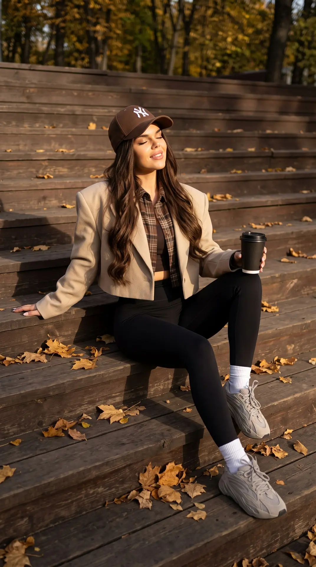 Создай ультрареалистичную осеннюю fashion-фотографию девушки, используя загруженное фот...