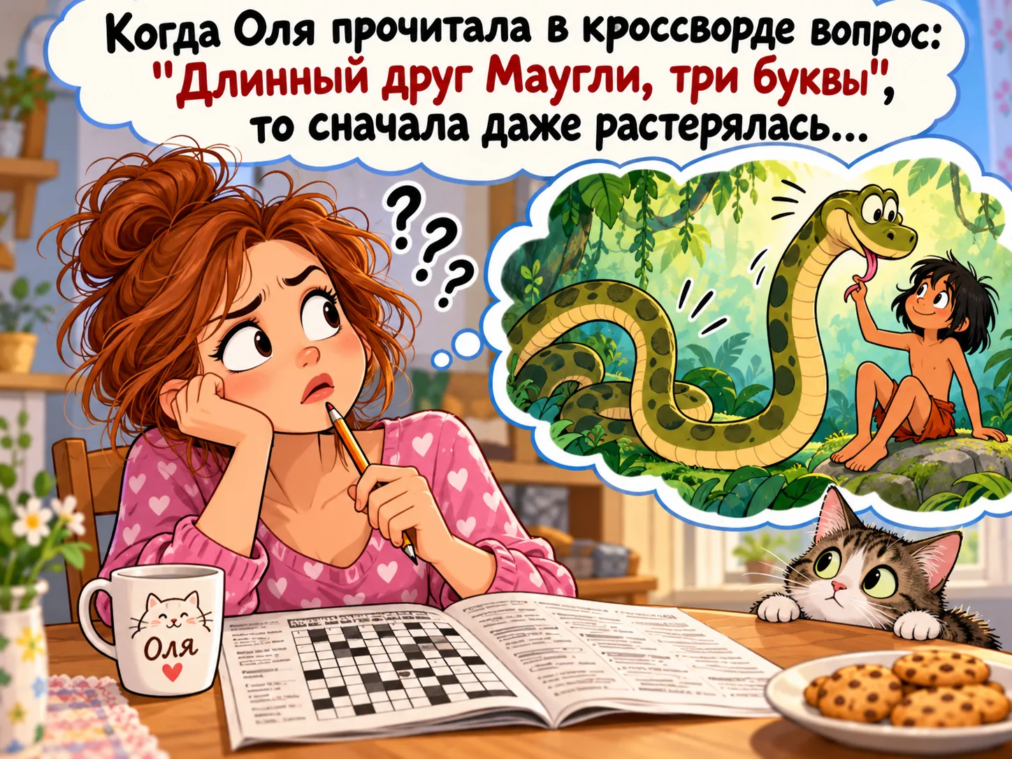Когда Оля прочитала в кроссворде вопрос: «Длинный друг Маугли, три буквы», то сначала д...