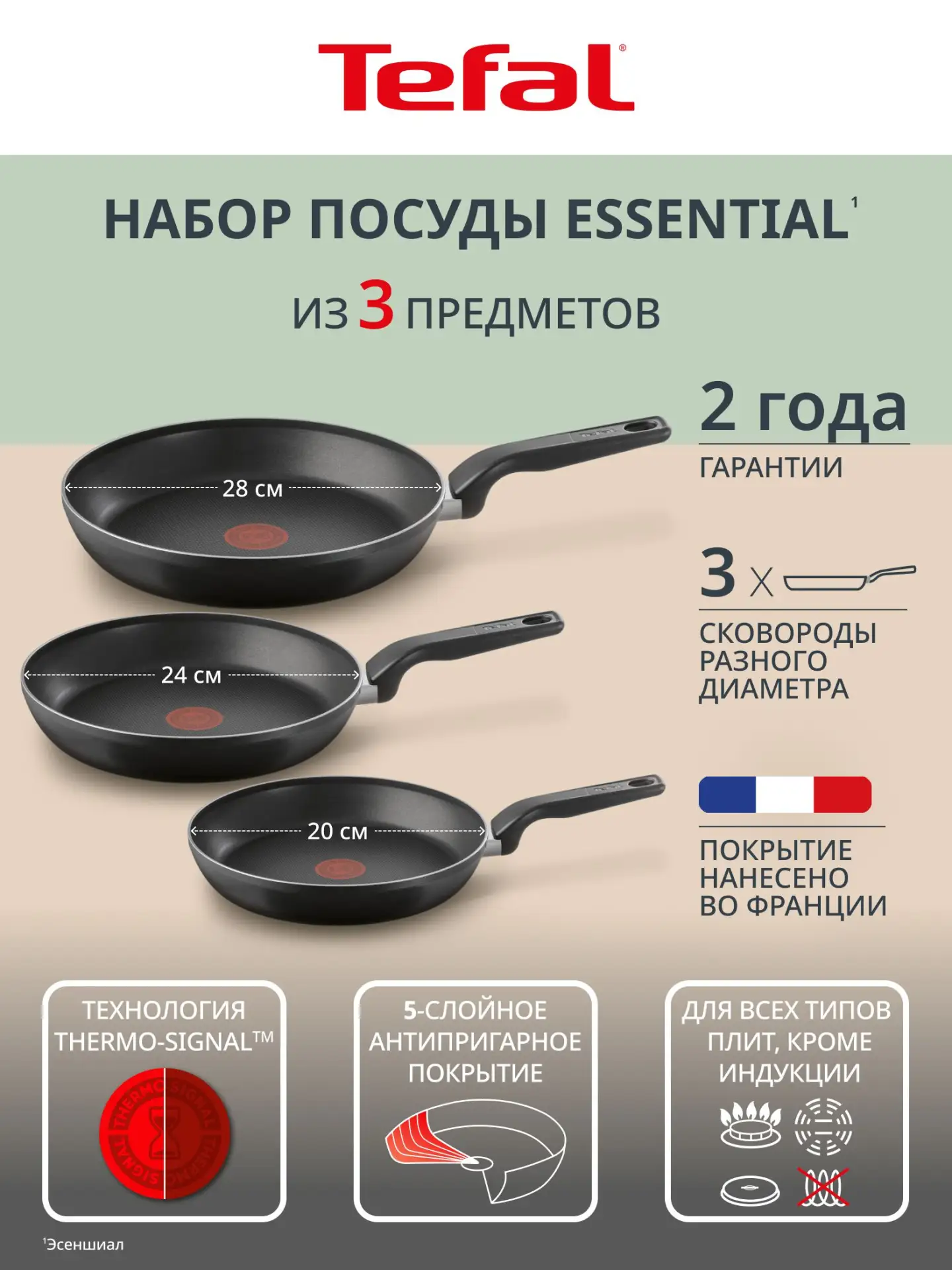 🟠 Набор сковород Tefal Essential, 3 предмета: 20, 24, 28 см, с индикатором нагрева, ан...