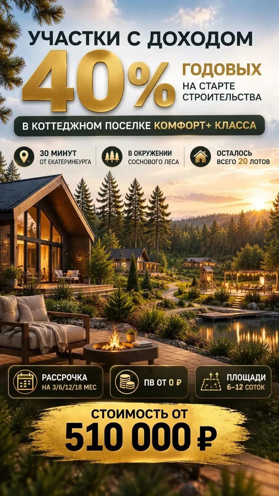 🚀Участки с доходом 40% годовых на старте строительства в коттеджном поселке комфорт+ к...