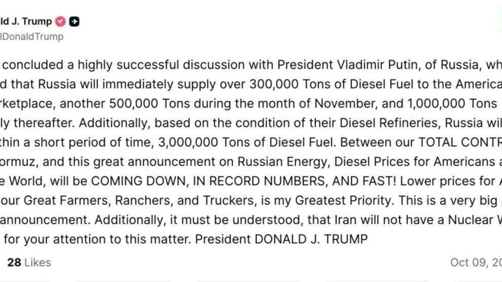 Трамп объявил о договорённости с Путиным по дизелю