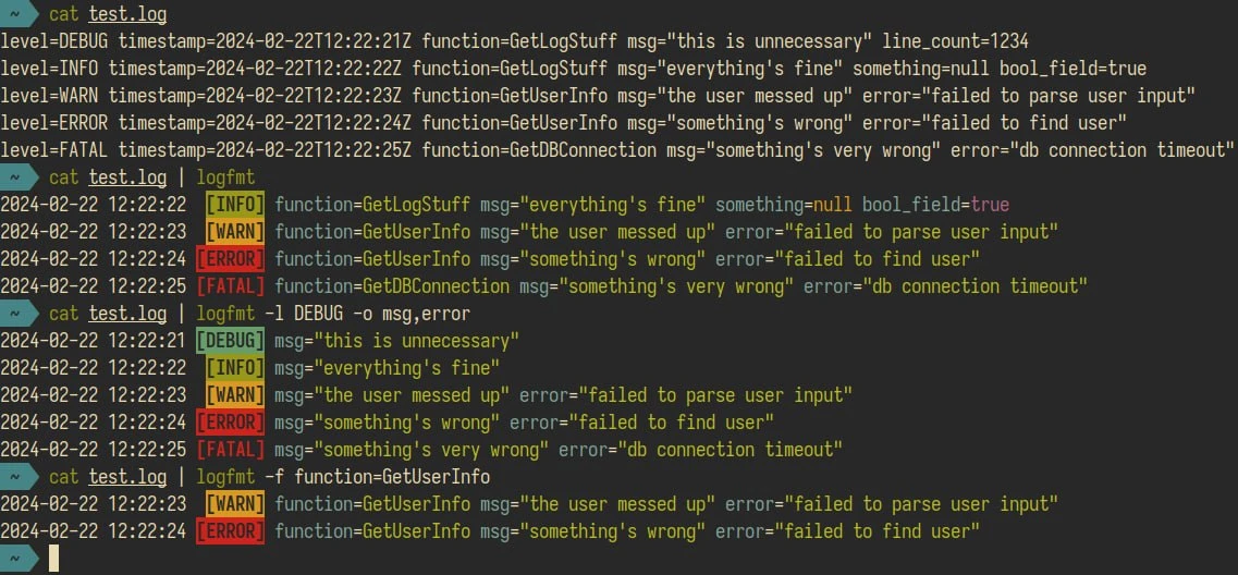 Logfmt — простой CLI-инструмент logfmt для раскрашивания, анализа, фильтрации и формати...