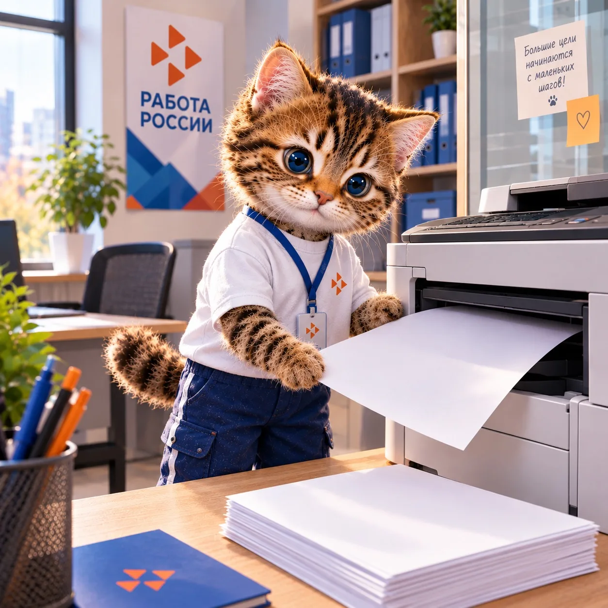 Котик уже на рабочем месте — проверяет документы и готовится к новым задачам.