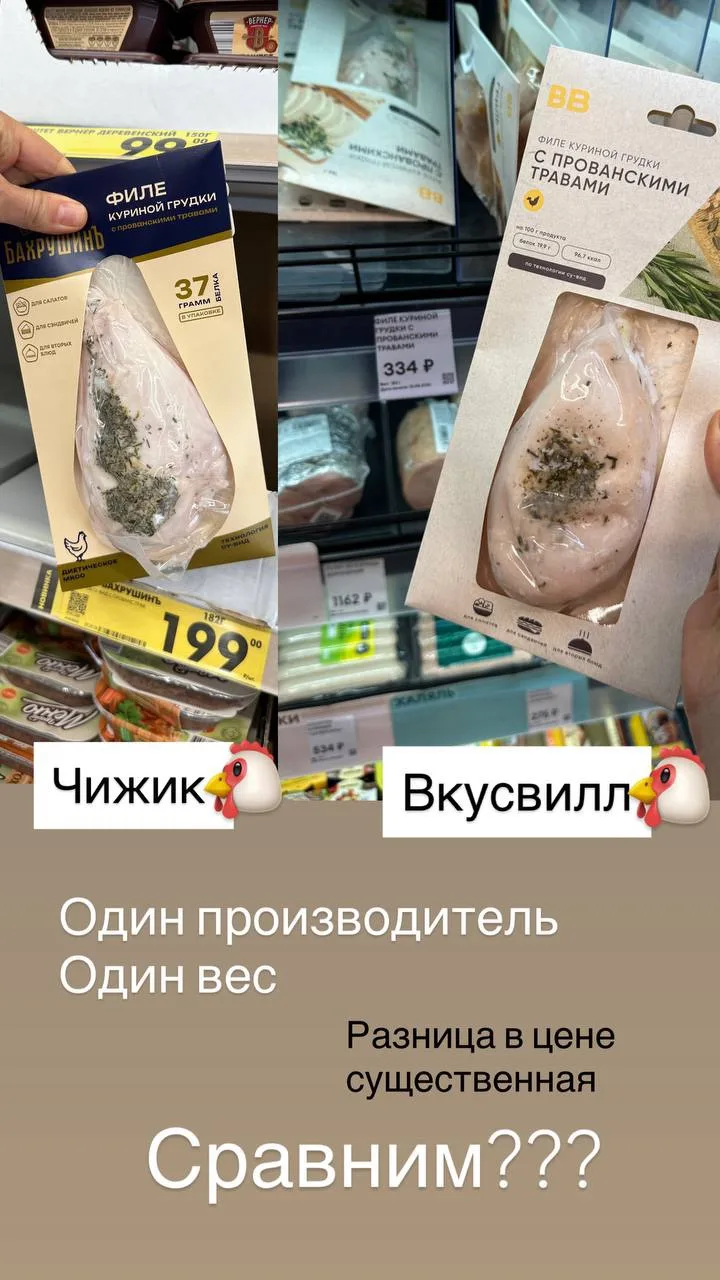 Сравнила две куриные грудки су-вид из Чижик 199 рублей и из Вкусвилл 334 рубля.