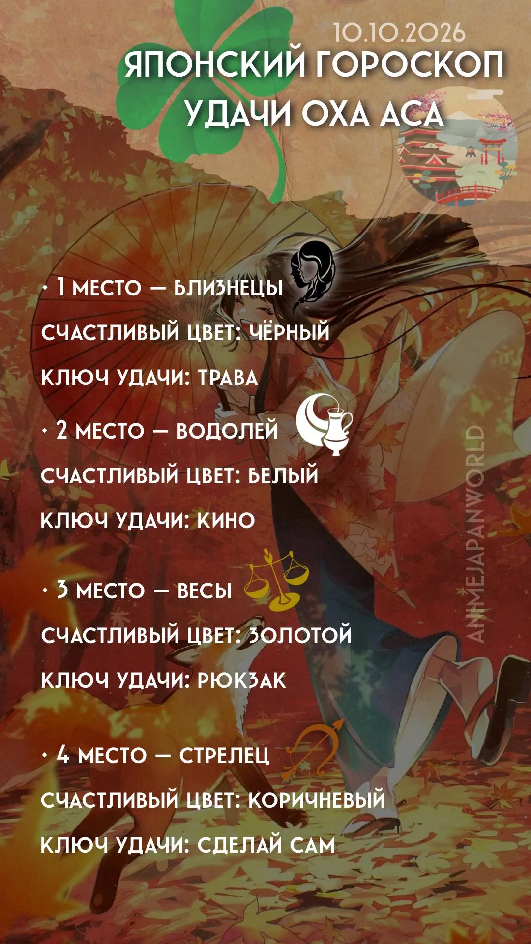 • Японский гороскоп удачи  на сегодня (10.10.2026) 🍱 Всем хорошего дня!