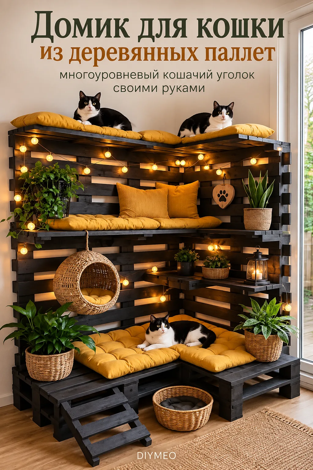 Домик для кошки из деревянных паллет — идея многоуровневого кошачьего уголка с лежанкам...