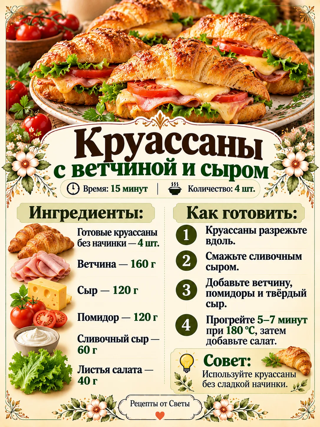 🥐 Хрустящие круассаны с ветчиной и сыром, с которыми даже обычный завтрак становится н...