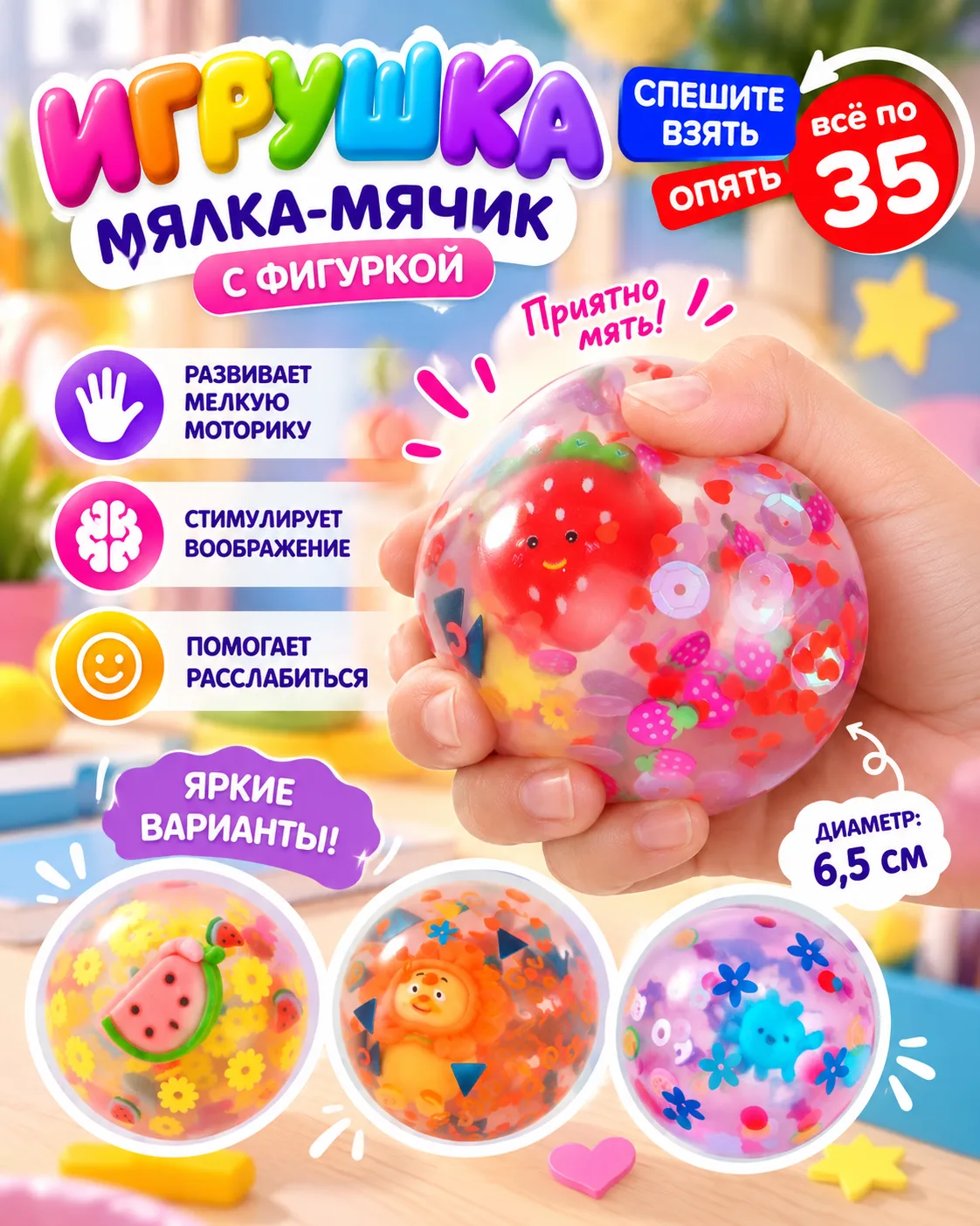 ⚽️Игрушка-мялка «Мячик с фигуркой» (35 рублей) помогает расслабиться, а также развивает...