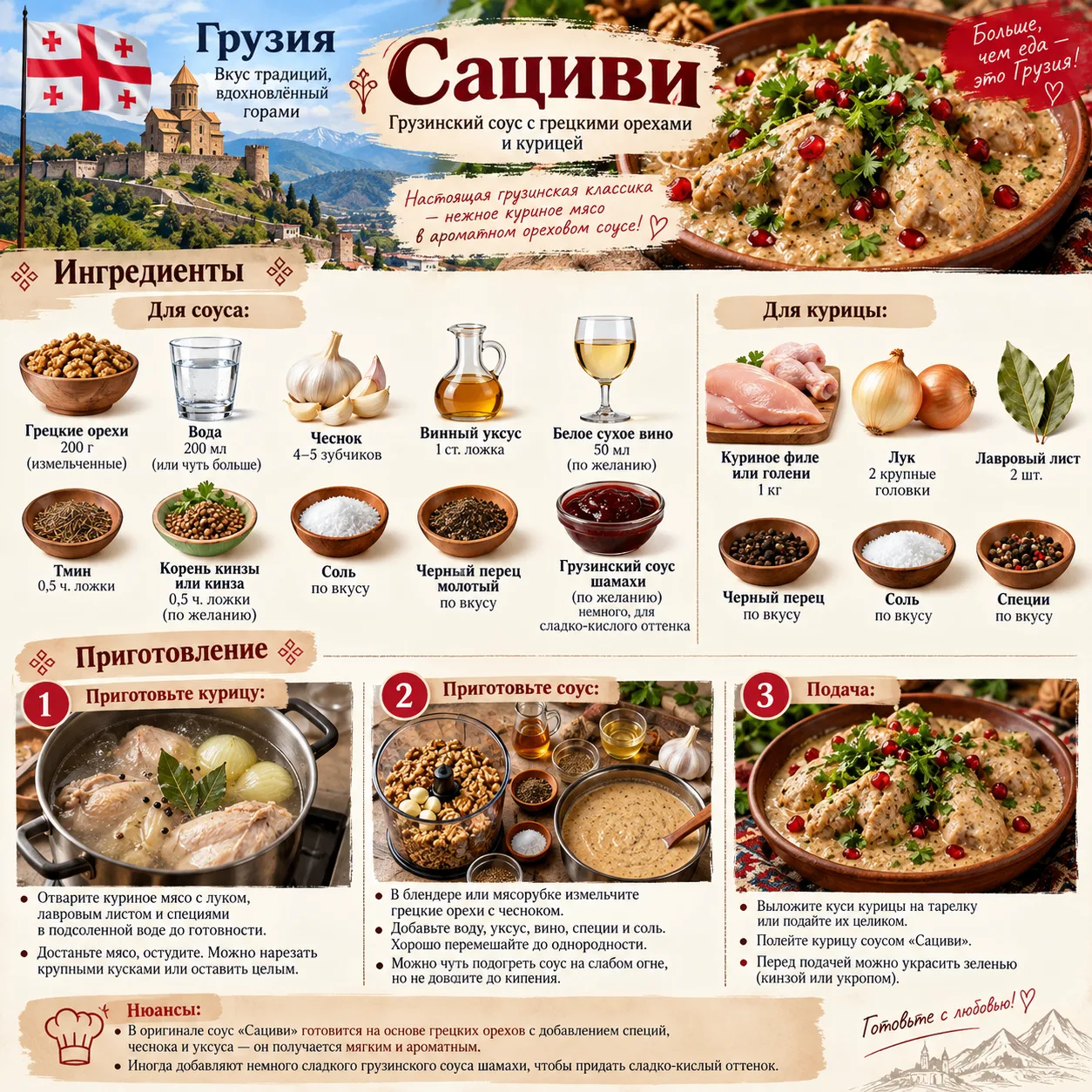 Грузия Сациви — грузинский соус с грецкими орехами и курицей              Ингредиенты: ...