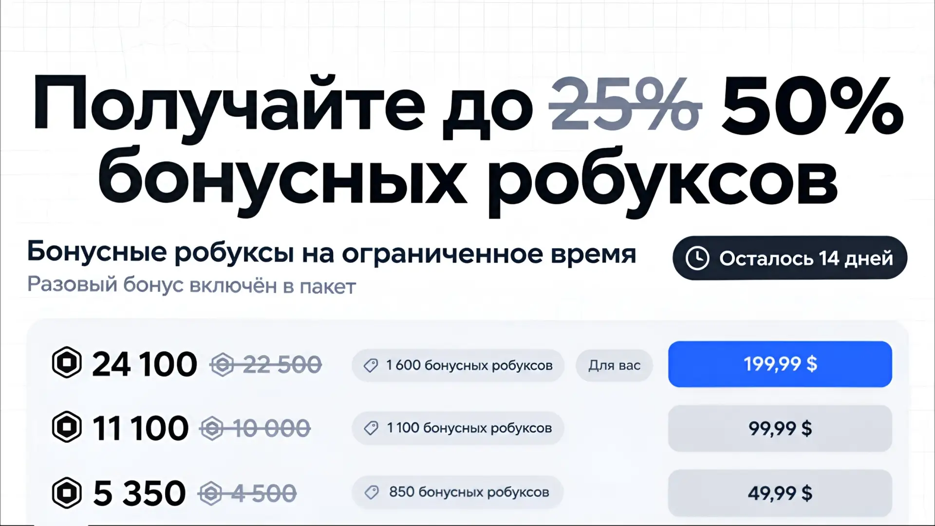 Roblox временно удвоил бонус к покупке Robux с 25% до 50%.