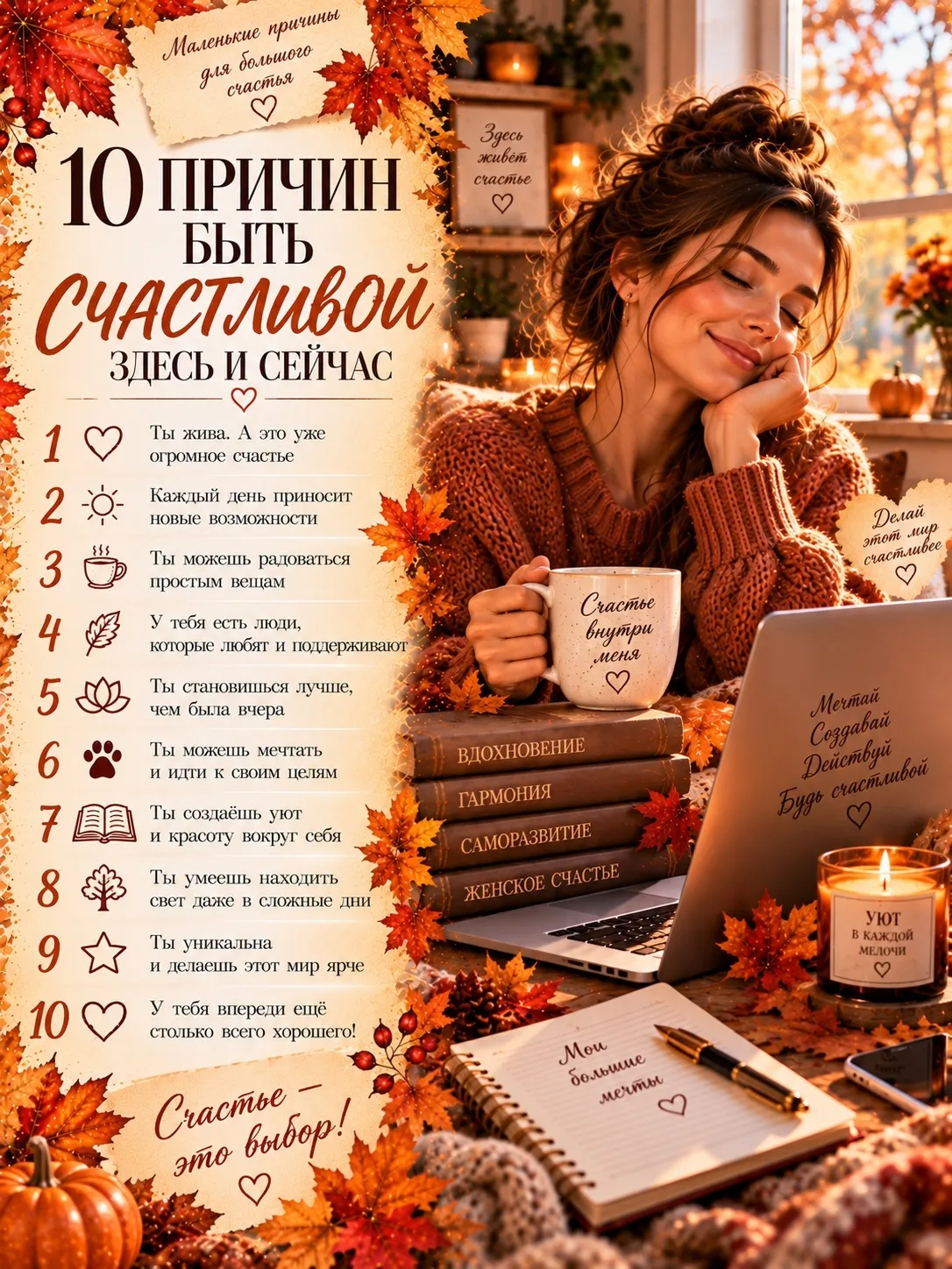🍂 А если тебе прямо сейчас нужно напомнить себе, что у тебя уже есть 10 причин быть сч...