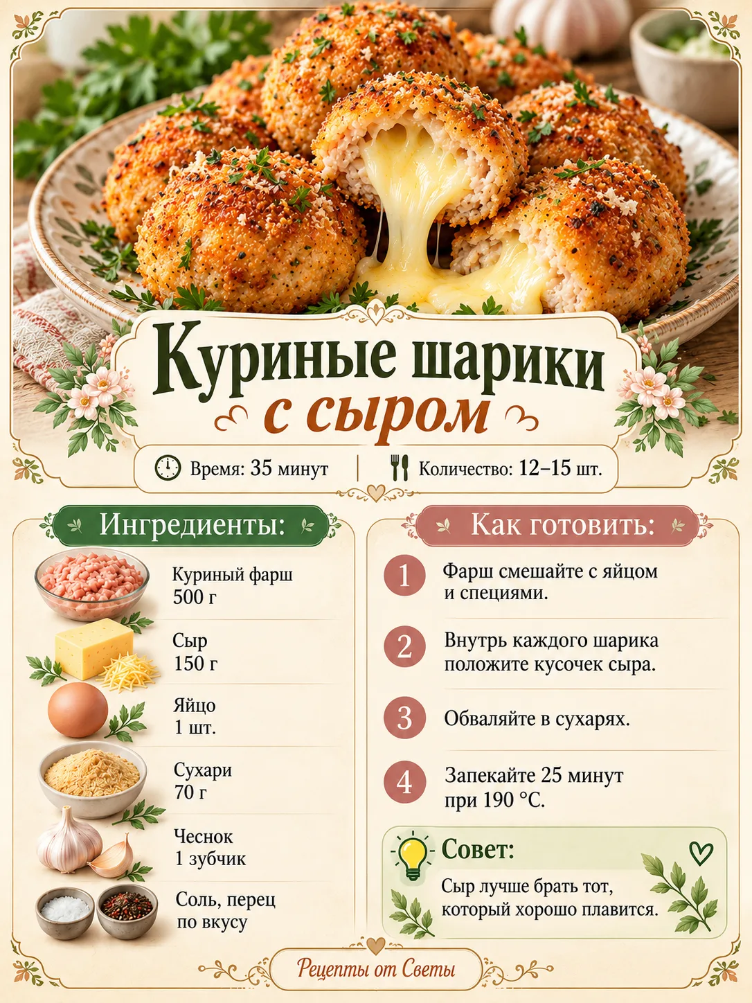 🧀 Куриные шарики с сырным сюрпризом внутри: разломили один, а хочется сразу второй!