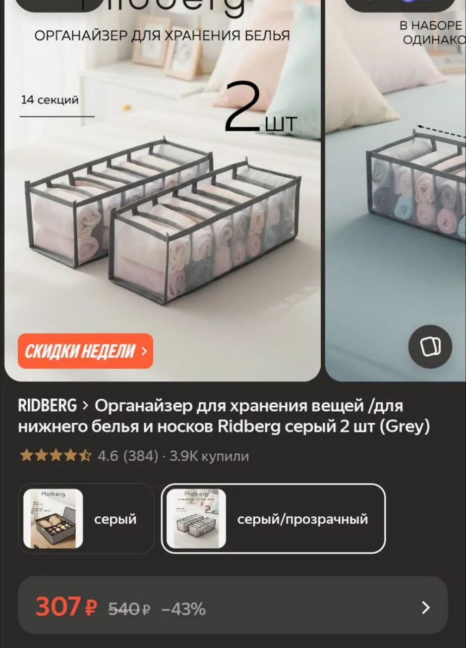 Органайзер для хранения вещей /для нижнего белья и носков Ridberg серый 2 шт (Grey)