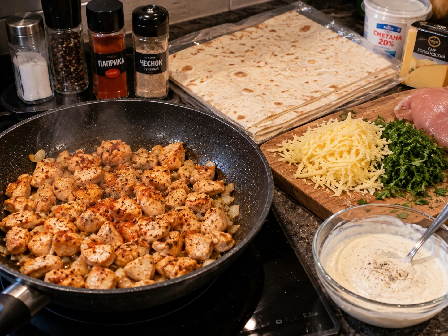 Решил сегодня приготовить лаваш с курицей и сыром на сковороде. Рецепт простой, но полу...