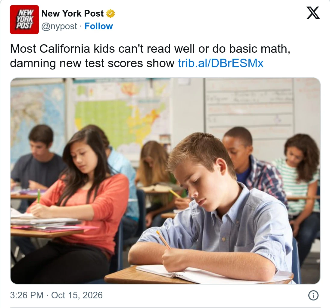 NY Post: Большинство детей в Калифорнии не умеют хорошо читать или выполнять простые ма...