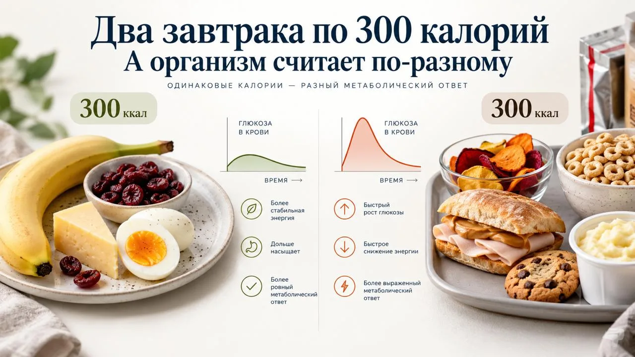 🍳 Два завтрака. Оба по 300 калорий. Но организм реагирует на них по-разному.