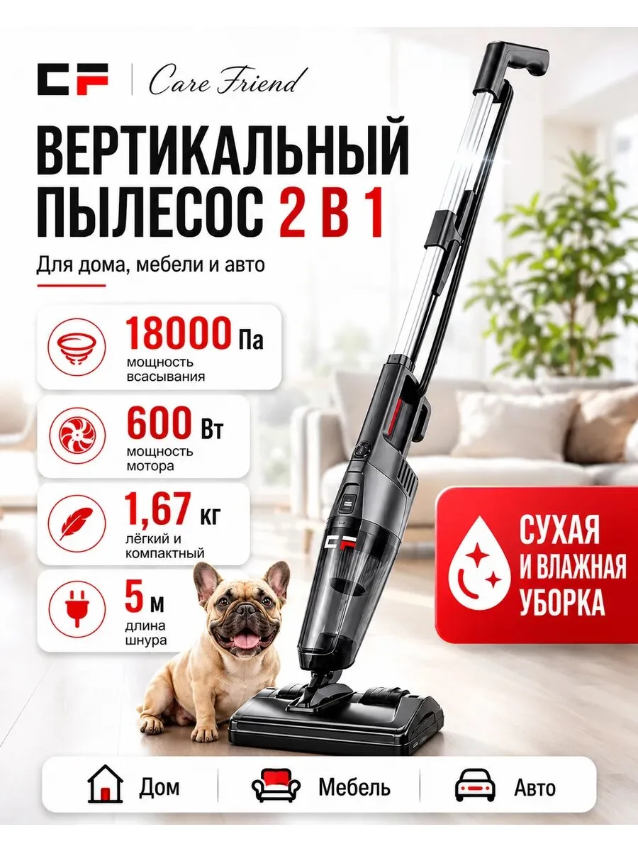 🛍 Вертикальный проводной пылесос с контейнером CF-CVC121BK, черный, 600 вт