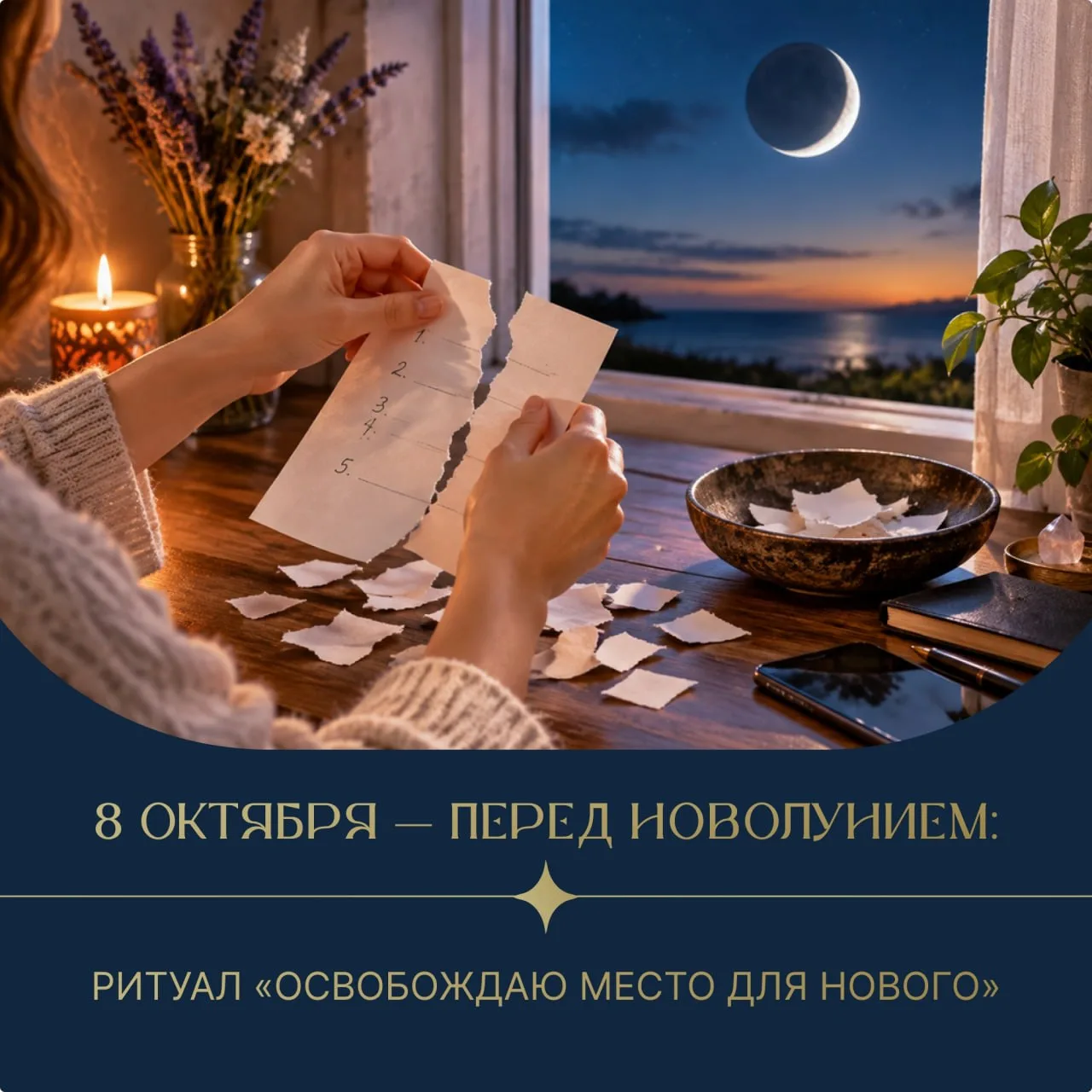 8 ОКТЯБРЯ — ПЕРЕД НОВОЛУНИЕМ: РИТУАЛ «ОСВОБОЖДАЮ МЕСТО ДЛЯ НОВОГО» 🌑✨