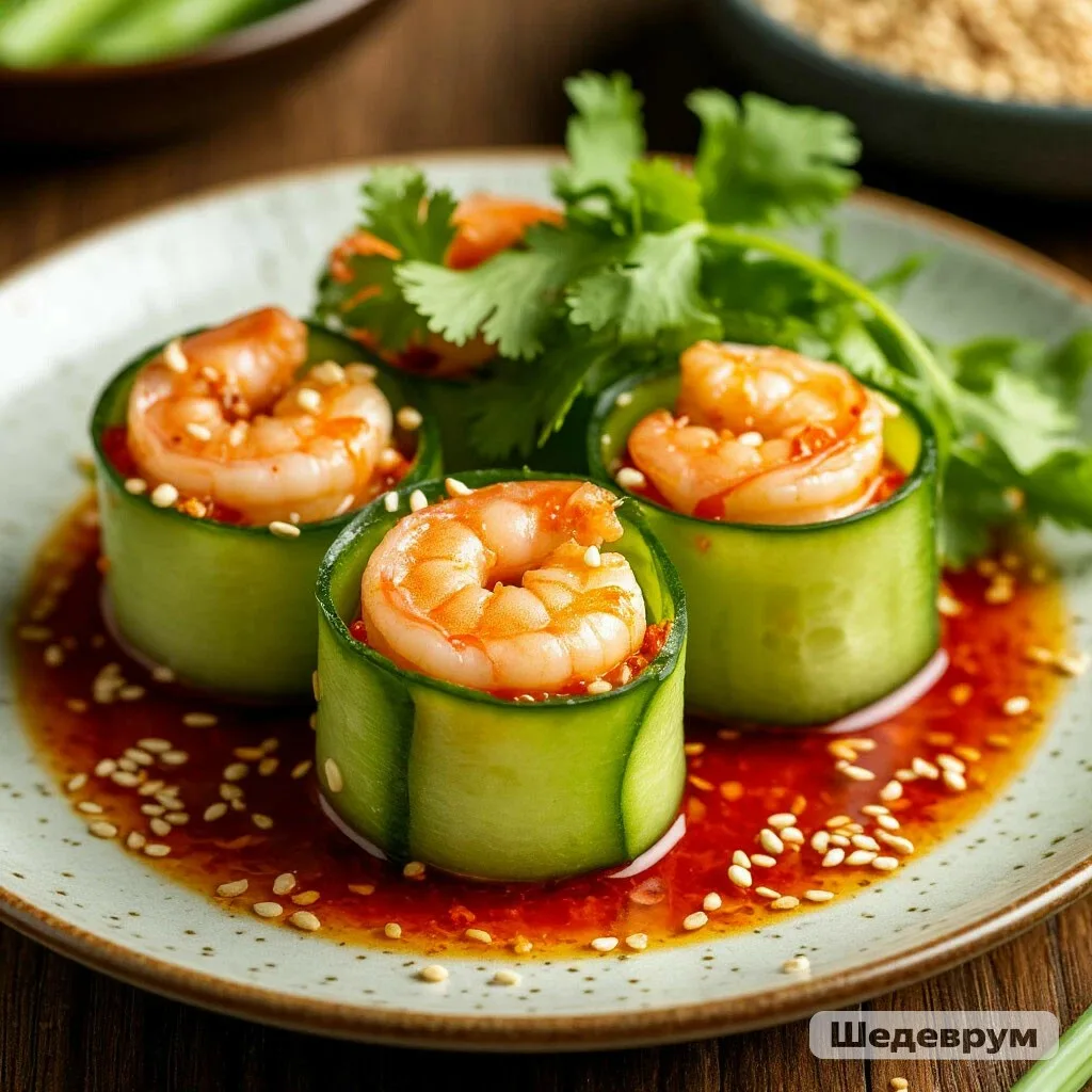 РОЛЛЫ ИЗ ОГУРЦА С КРЕВЕТКАМИ, ОСТРЫМ СОУСОМ И МОРКОВЬЮ ПО-КОРЕЙСКИ 🥒🍤🌶️