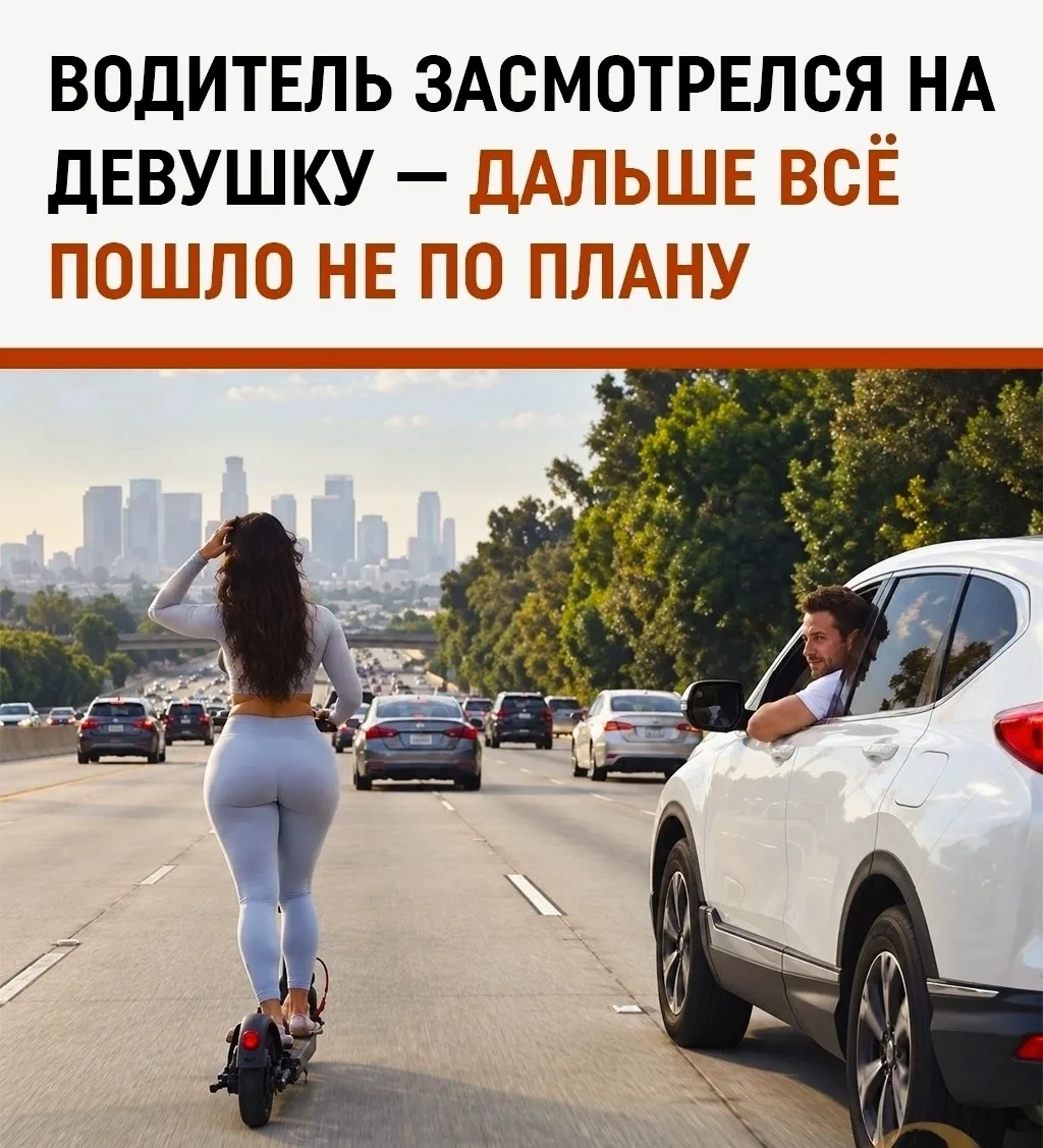 Водитель белого автомобиля отвлёкся на девушку, ехавшую на электросамокате, и на нескол...