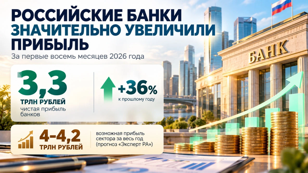 Чистая прибыль российских банков за первые восемь месяцев 2026 года составила 3,3 трлн ...