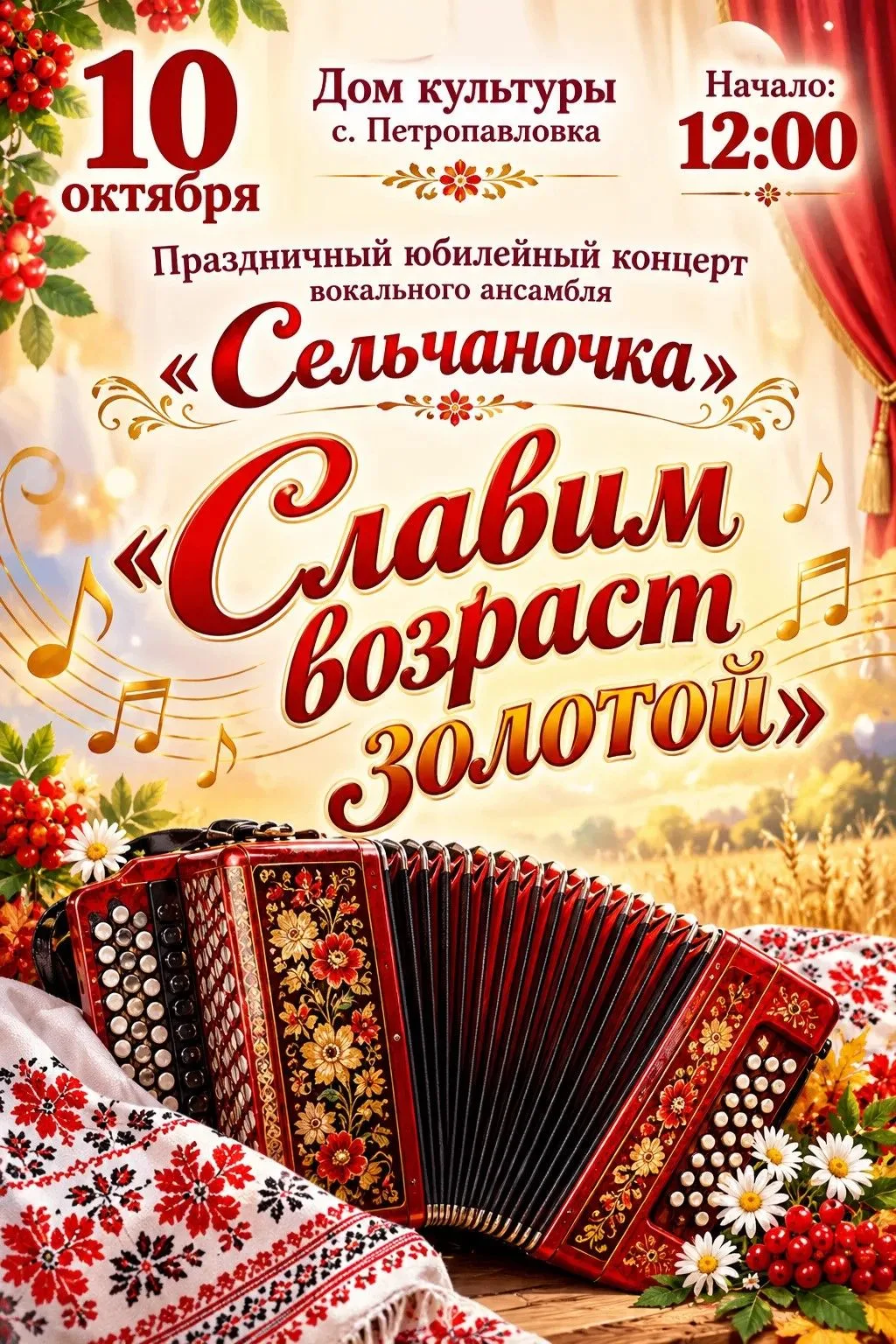 🎶 «Славим возраст золотой» 🎶10 октября в Доме культуры с. Петропавловка состоится пра...