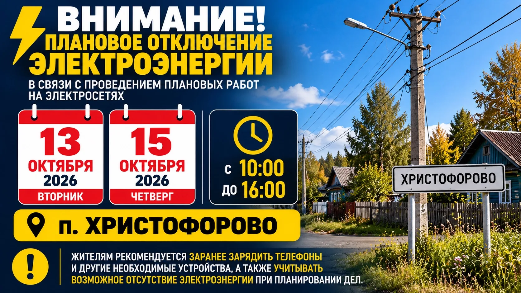 ⚡ ВНИМАНИЕ! В ХРИСТОФОРОВО ЗАПЛАНИРОВАНО ОТКЛЮЧЕНИЕ ЭЛЕКТРОЭНЕРГИИ