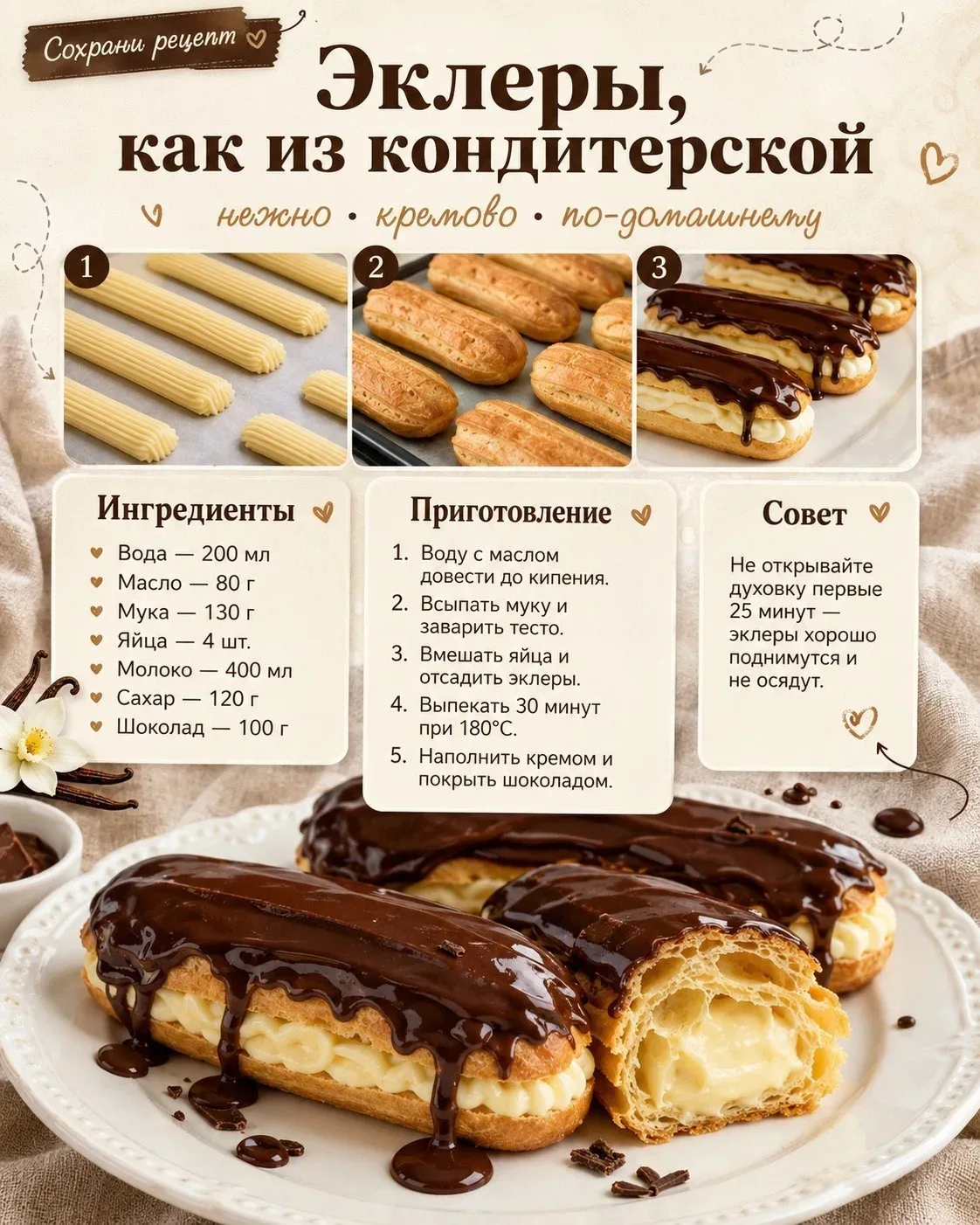 🍫 Эклеры, как из кондитерской — нежные, воздушные и очень красивые!