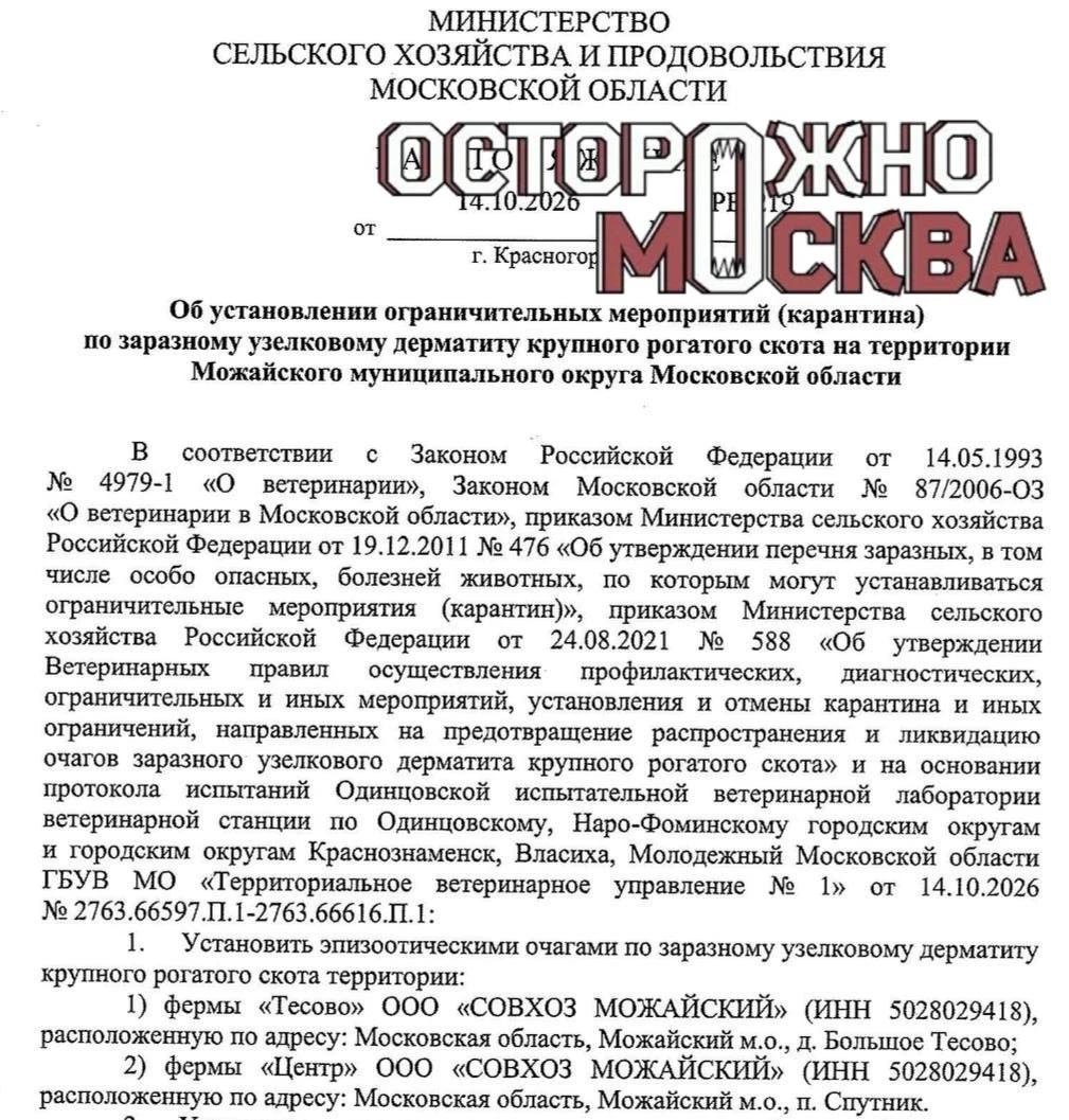 На двух фермах в Подмосковье ввели карантин из-за заразного узелкового дерматита крупно...