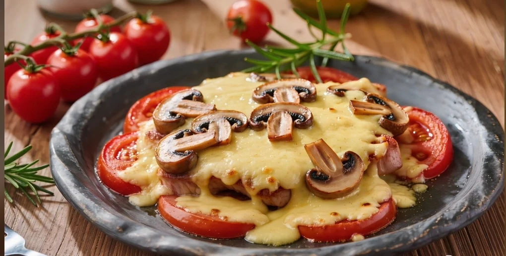 🥩 СВИНИНА ПО-КУПЕЧЕСКИ С ТОМАТАМИ И ГРИБАМИ — 115₽/порция