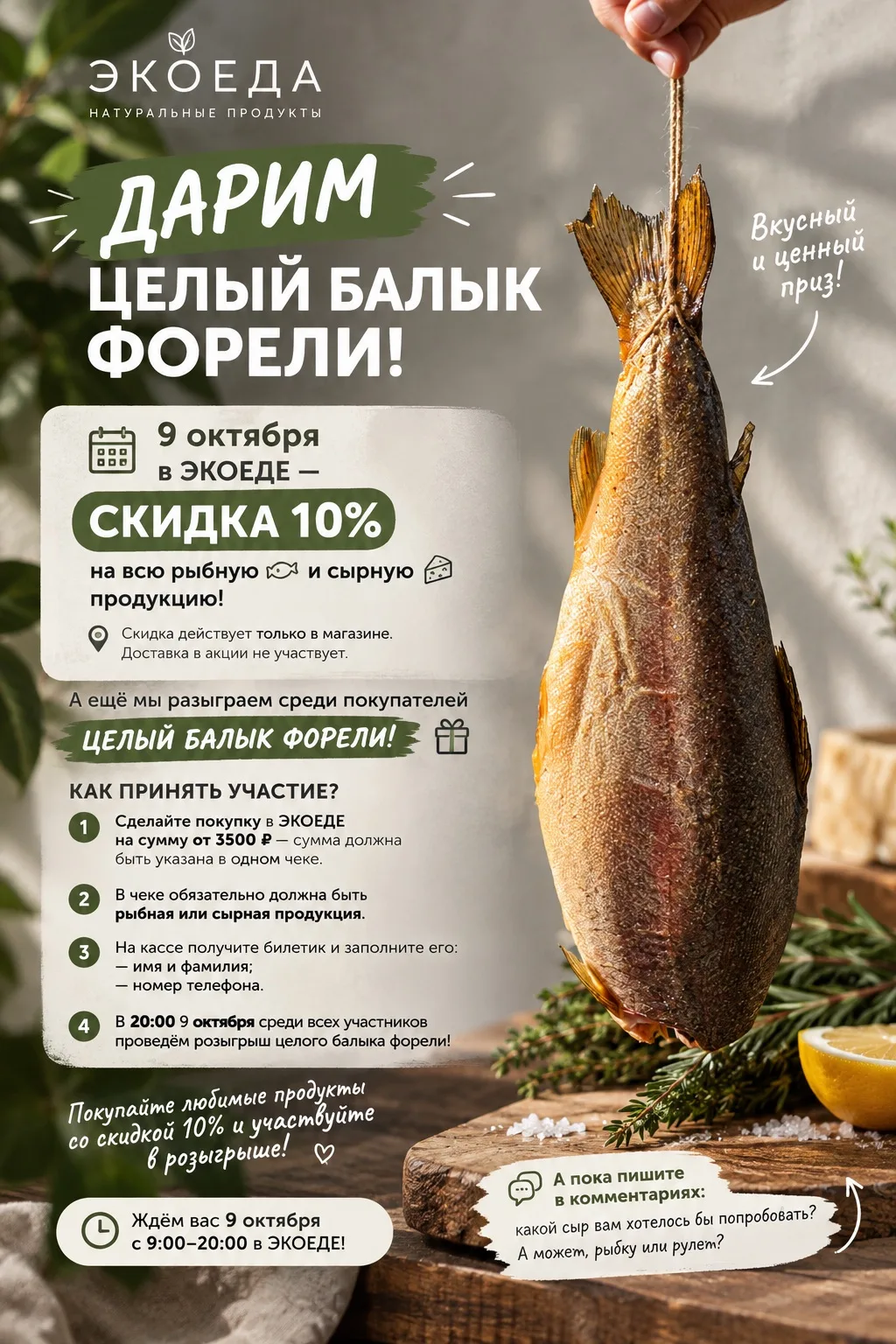 Завтра (9 октября)в магазине ЭКОЕДА -10% на рыбу и сыры