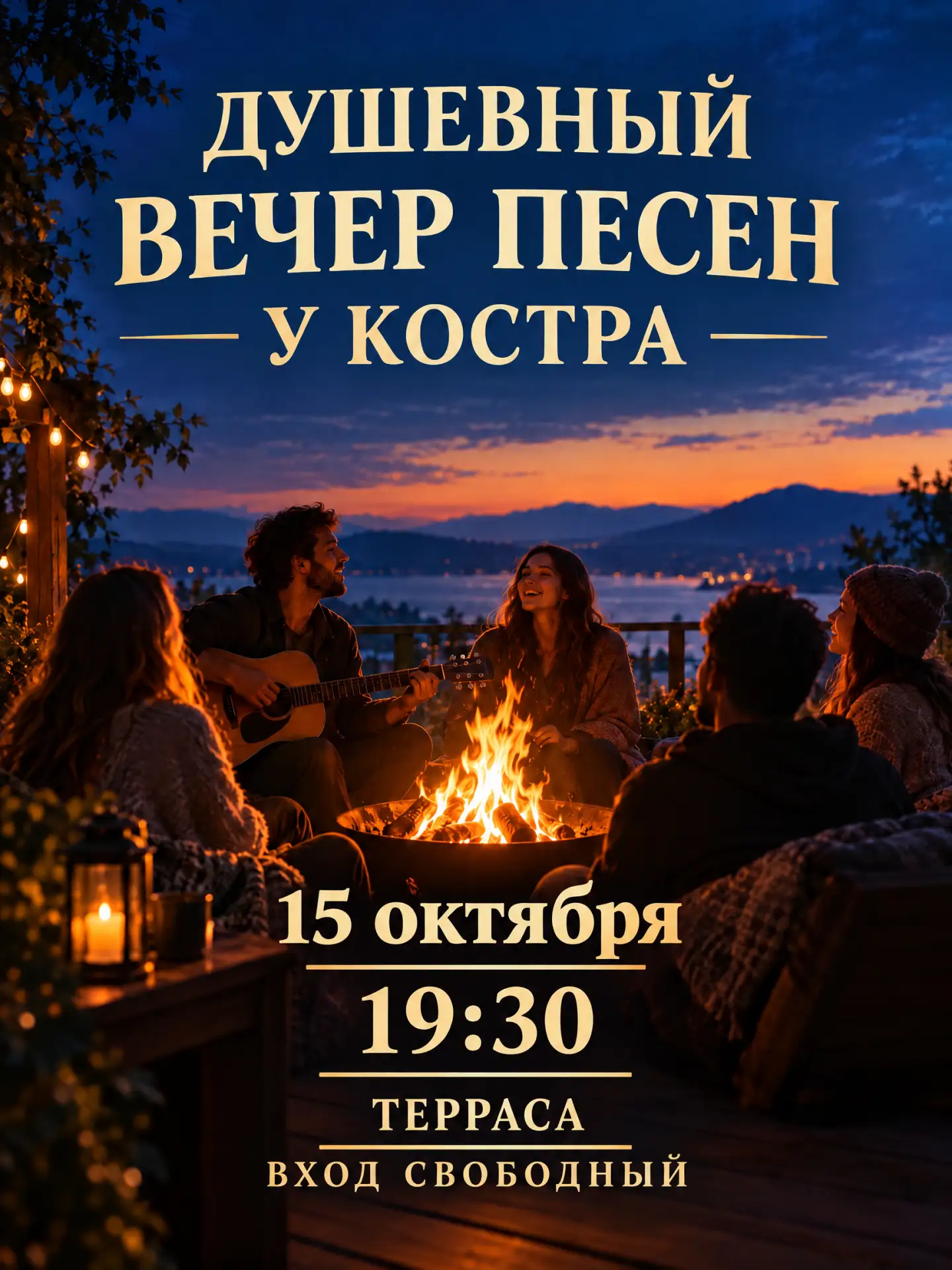 Уважаемые гости, ждем вас сегодня на душевный вечер песен под гитару, в случае дождя с ...