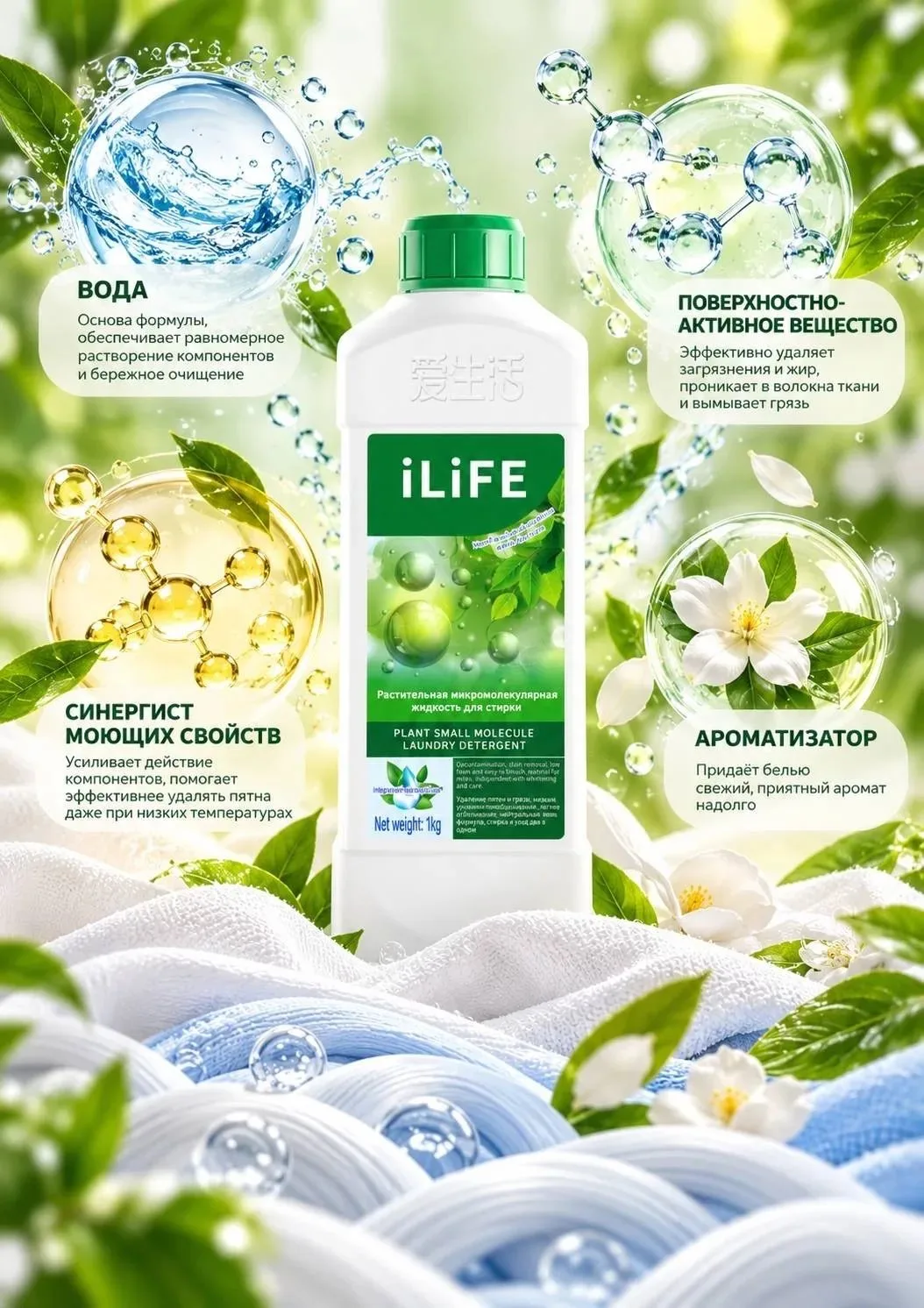 iLiFE Растительная микромолекулярная жидкость для стирки 1 кг и 2 кг