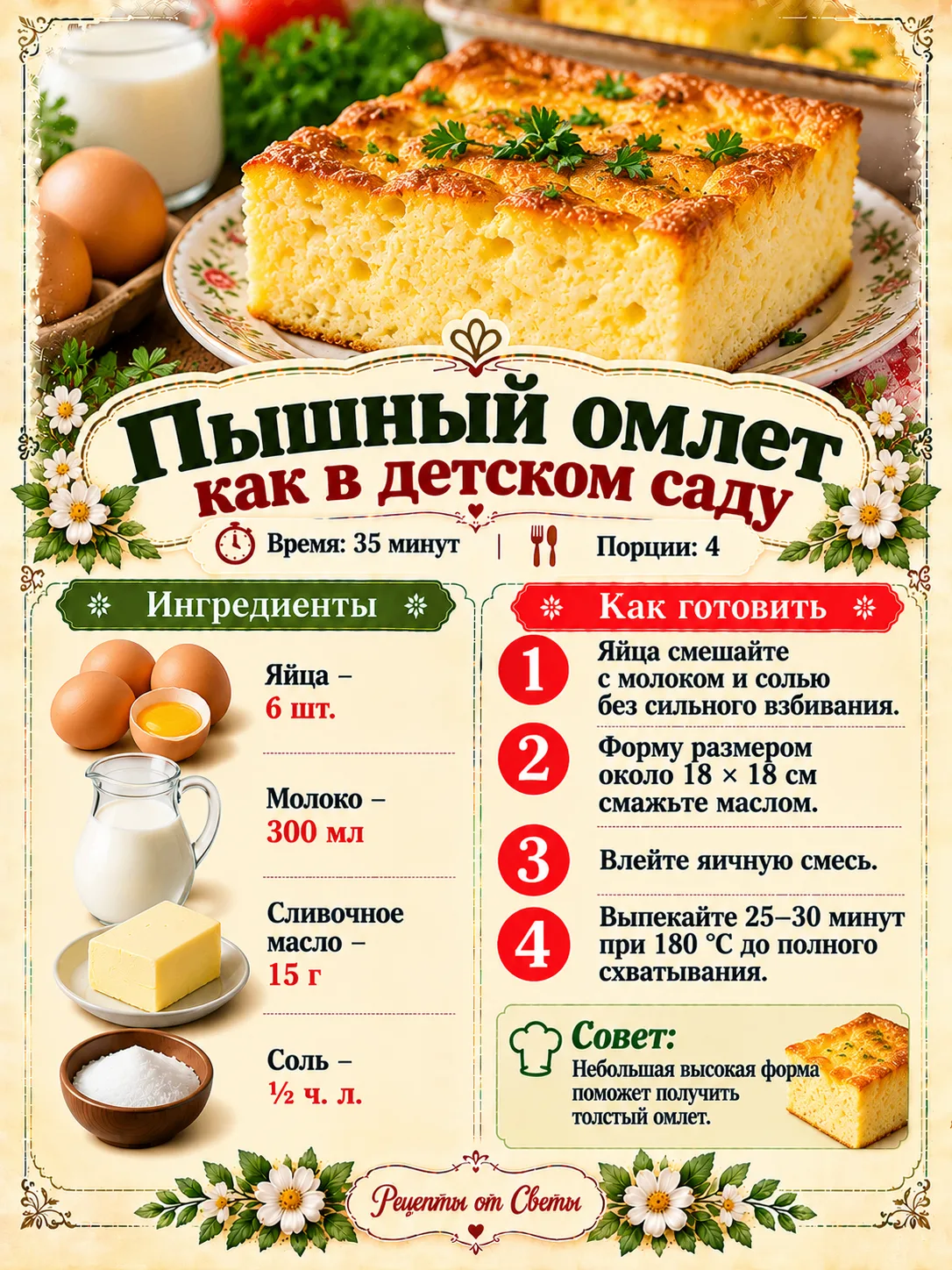 🍳 Высокий, пышный омлет как в детском саду, тот самый нежный вкус, который многие помн...