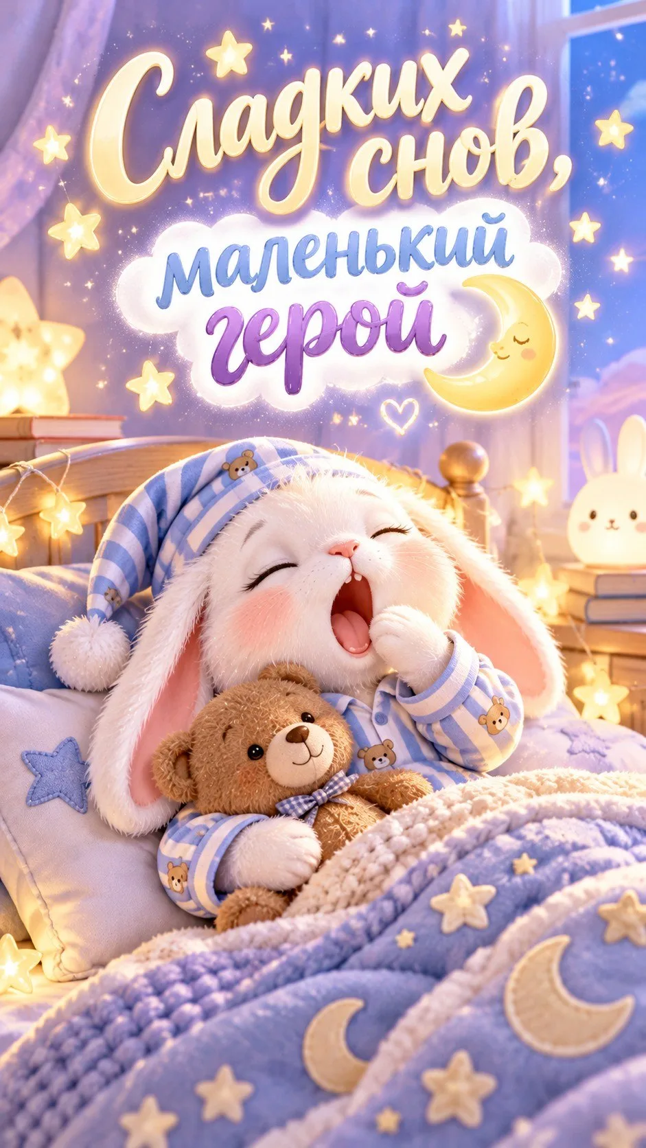 Сладких снов, маленький герой! Этот зайчонок уже надел свою пижамку, обнял мишку и слад...