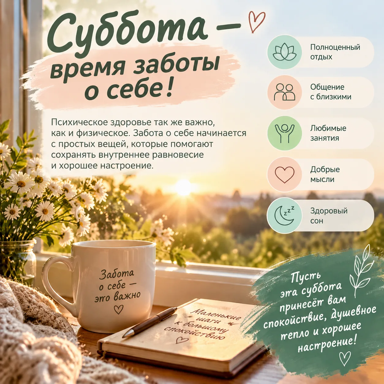 🌿 Суббота — прекрасный день, чтобы вспомнить о важности заботы о себе.