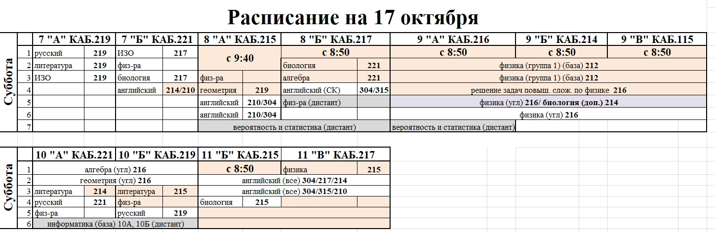 Расписание на субботу (17 октября)