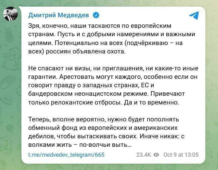 ⚡️«Зря, конечно, наши таскаются по европейским странам»: Медведев на фоне задержания ос...