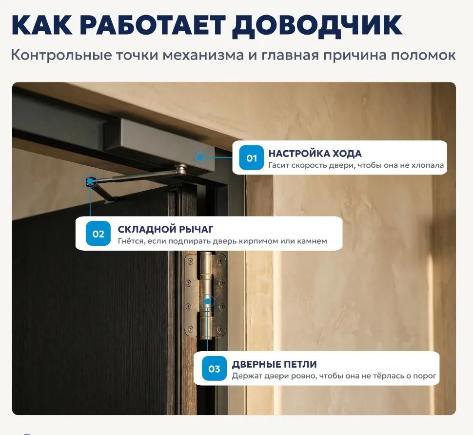 🚪 Не подпирайте дверь кирпичом: почему хлопает доводчик и что настраивает мастер